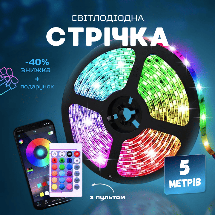 Світлодіодна стрічка 5050 5 метрів, з пультом