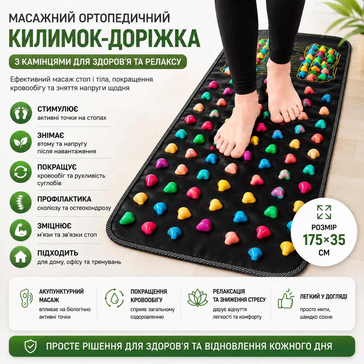 Масажний ортопедичний килимок-доріжка з камінцями для стоп 175 на 35 см
