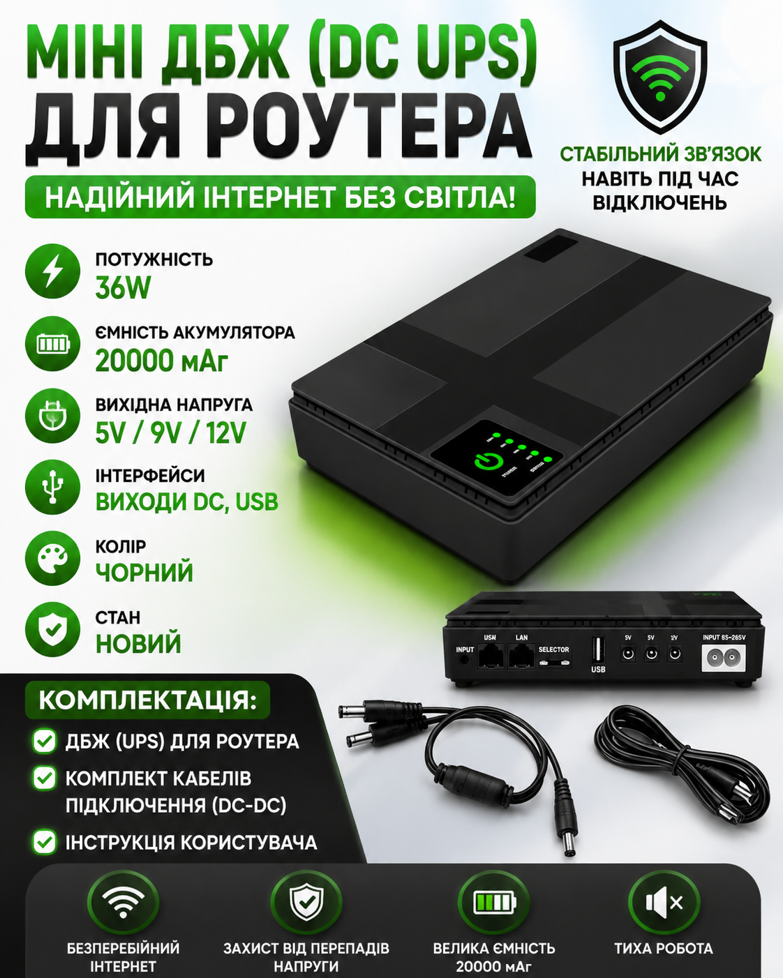 Мини ИБП UPS для роутера модема ONU 20000 мАч 18W 5V 9V 12V