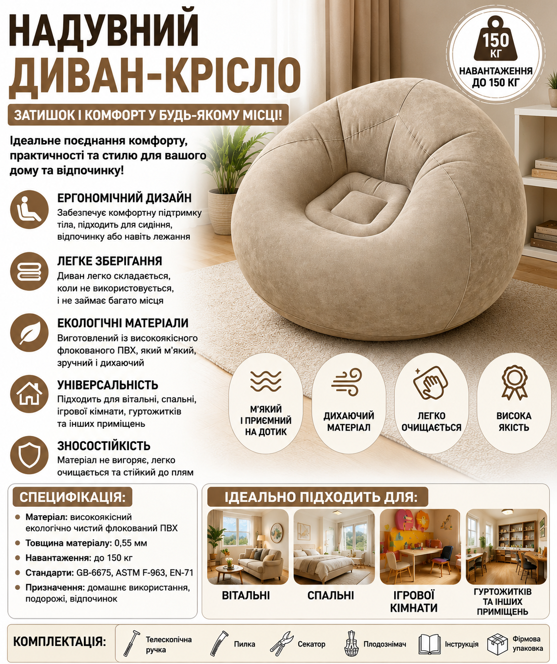 Надувний диван із флокованого ПВХ