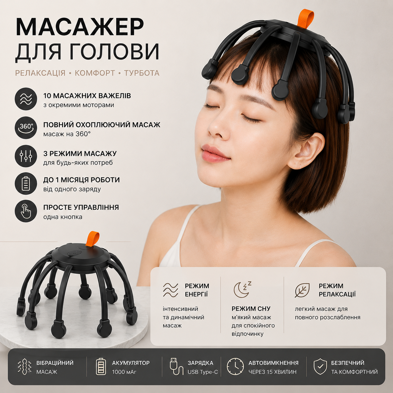 Массажер для головы с вибрацией 360°