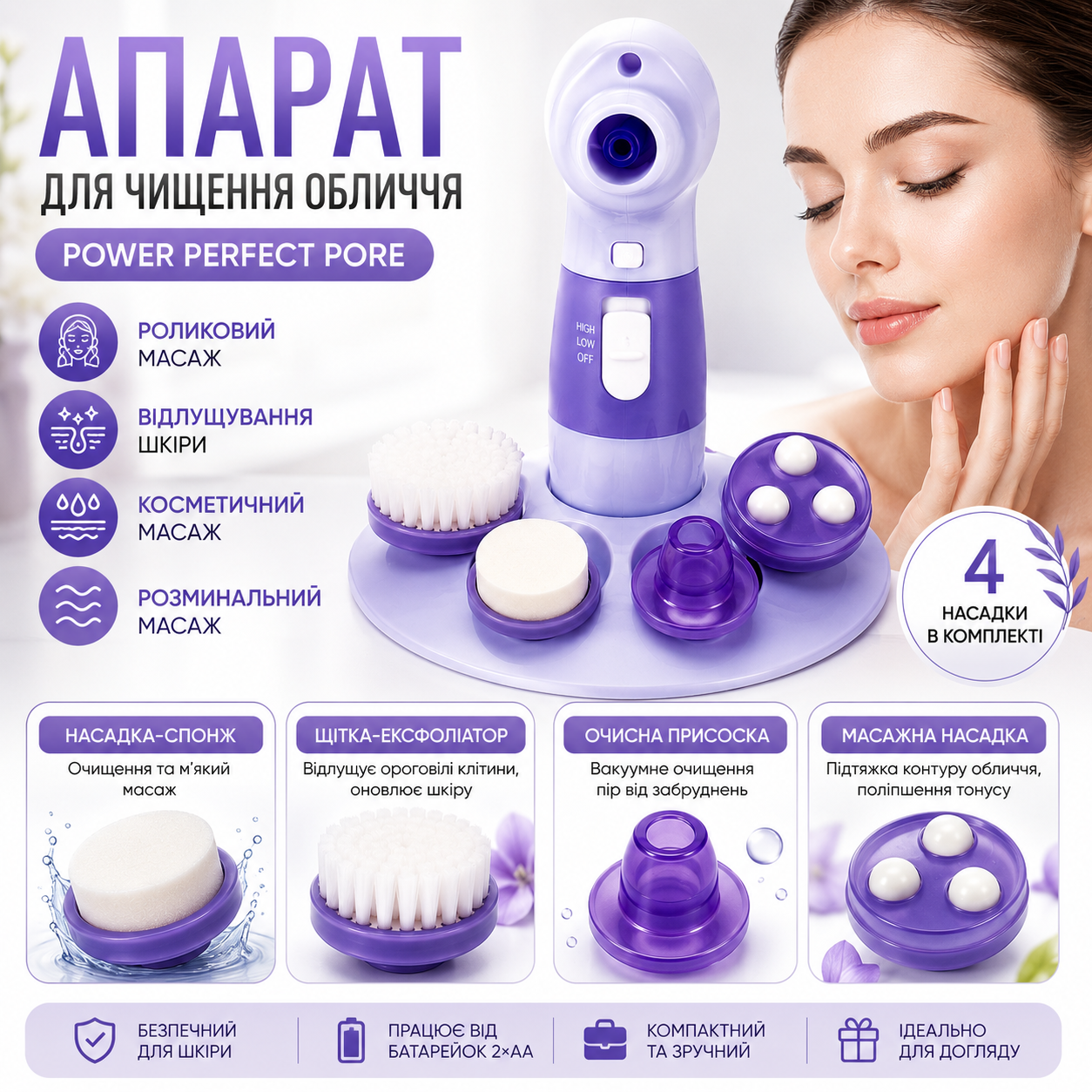 Аппарат Power Perfect Pore для механической чистки лица с вакуумной системой и четырьмя насадками