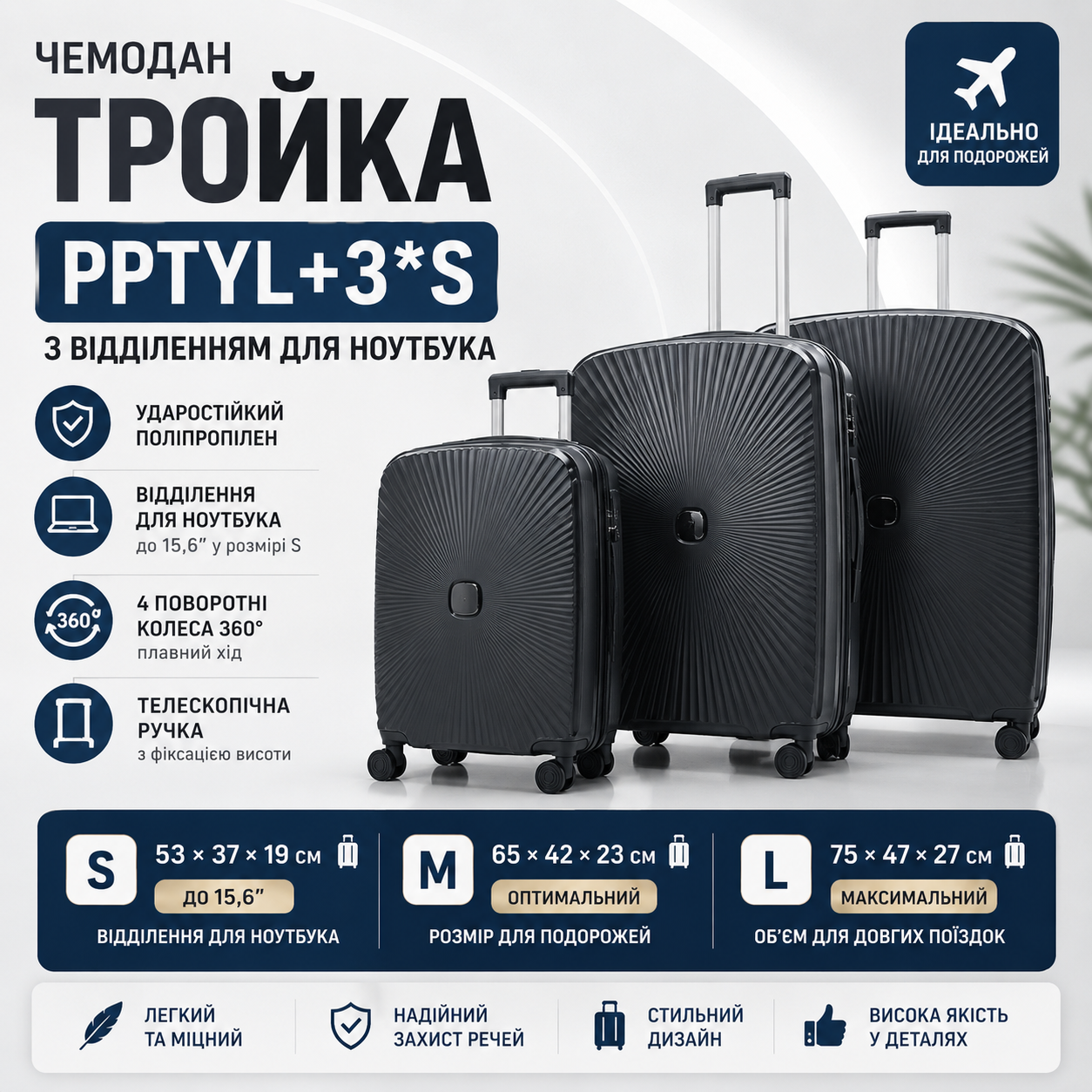 Набор чемоданов PPTYL+3*S с отделением для ноутбука