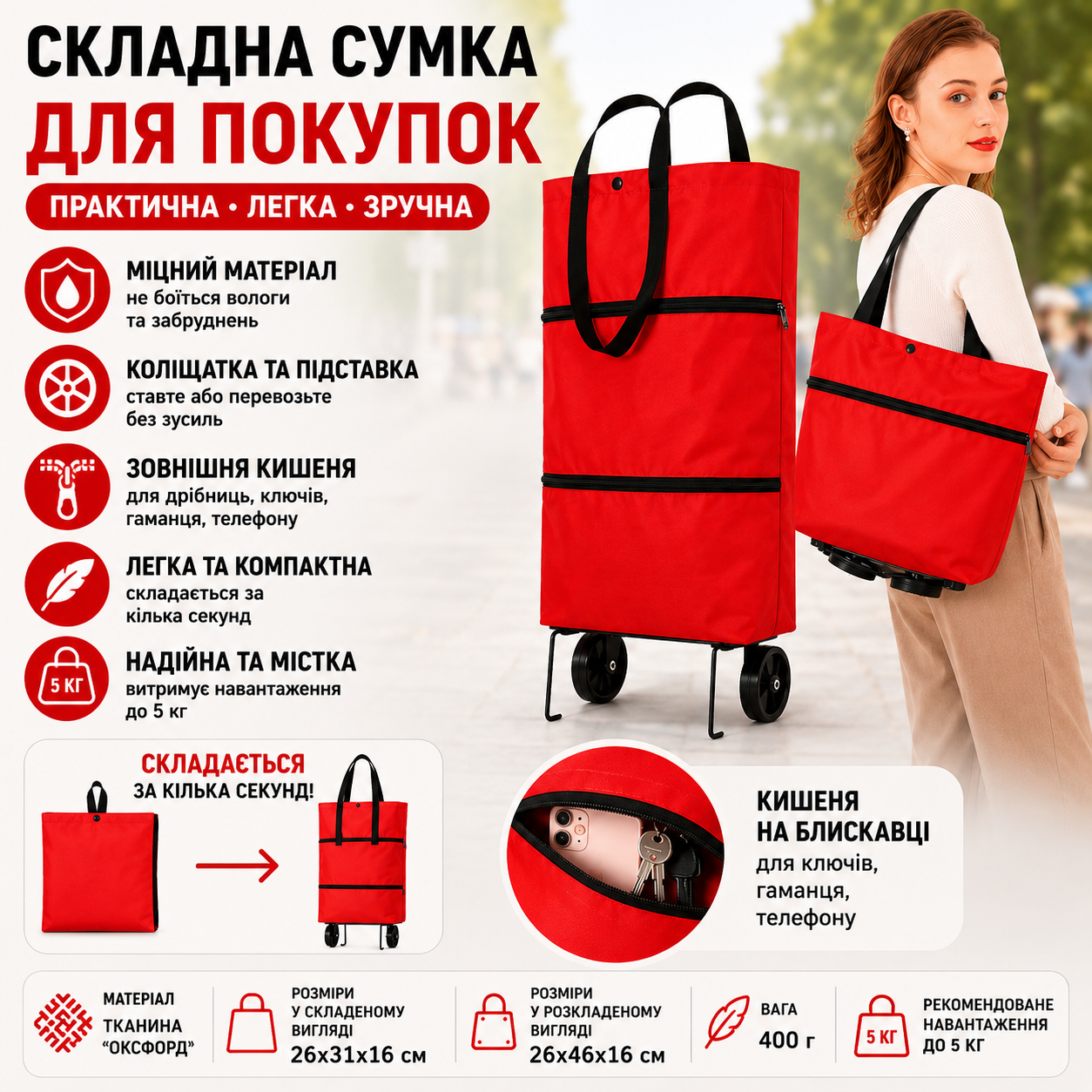 Складна господарська сумка-візок на колесах для покупок