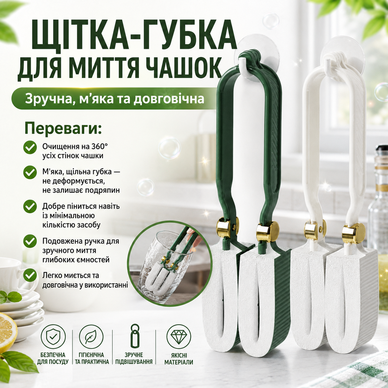 Двусторонняя губчатая щетка для чашек, бутылок и детской посуды с длинной ручкой и очисткой на 360 градусов