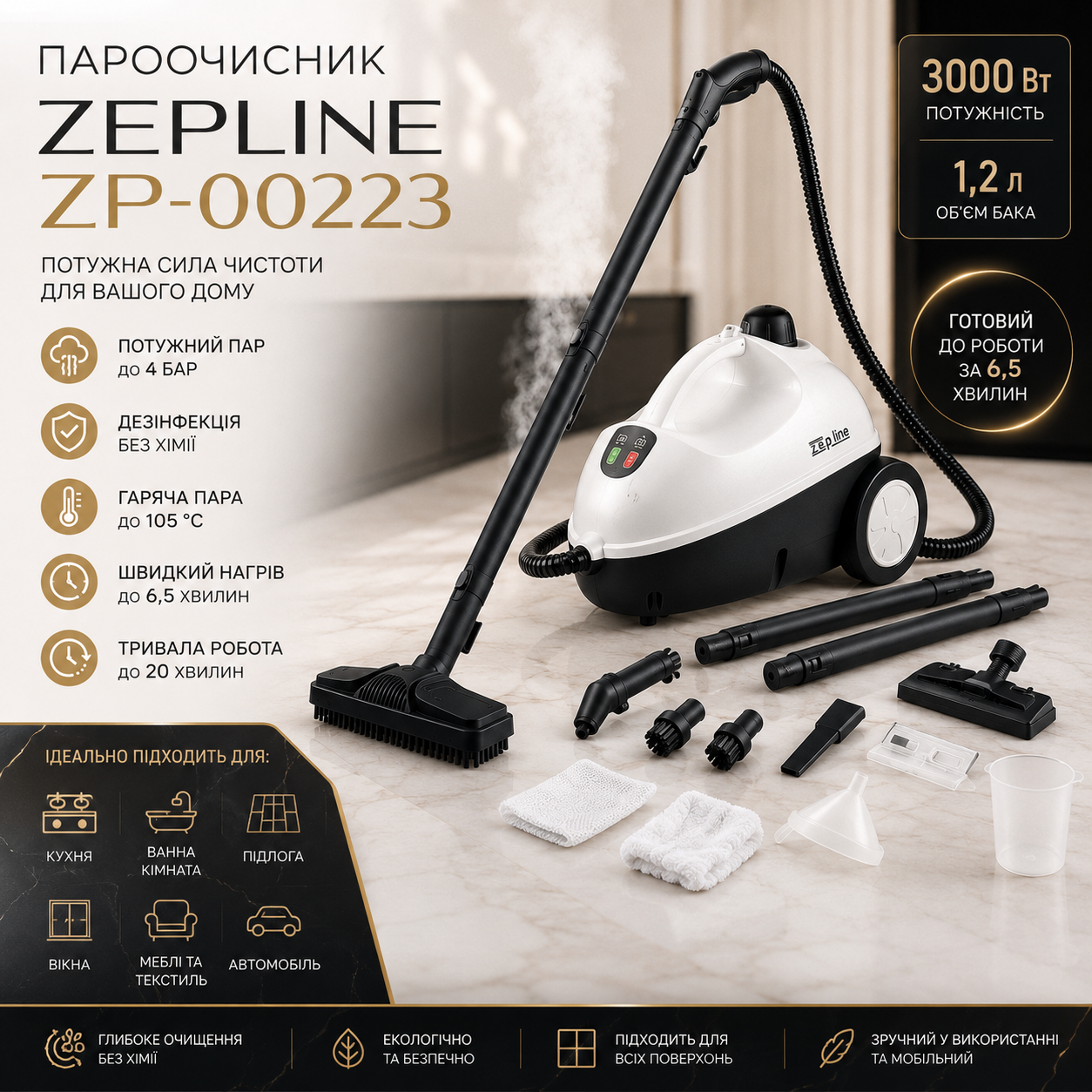 Пароочиститель Zepline ZP-00223 3000 Вт белый с насадками