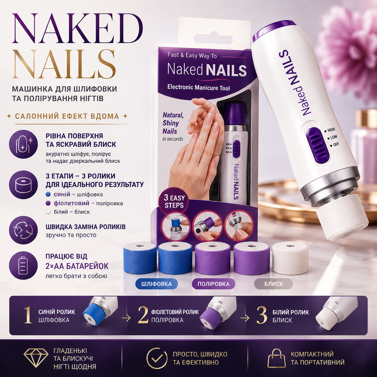 Электрическая машинка Naked Nails для шлифовки и полировки натуральных ногтей с цветными роликовыми насадками