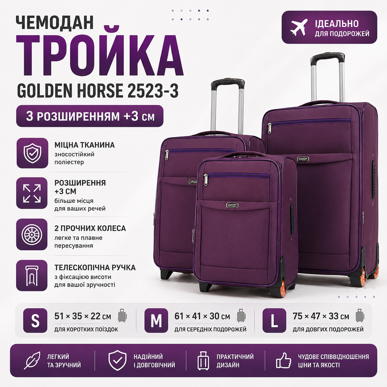 Набор тканевых чемоданов Golden Horse 2523-3