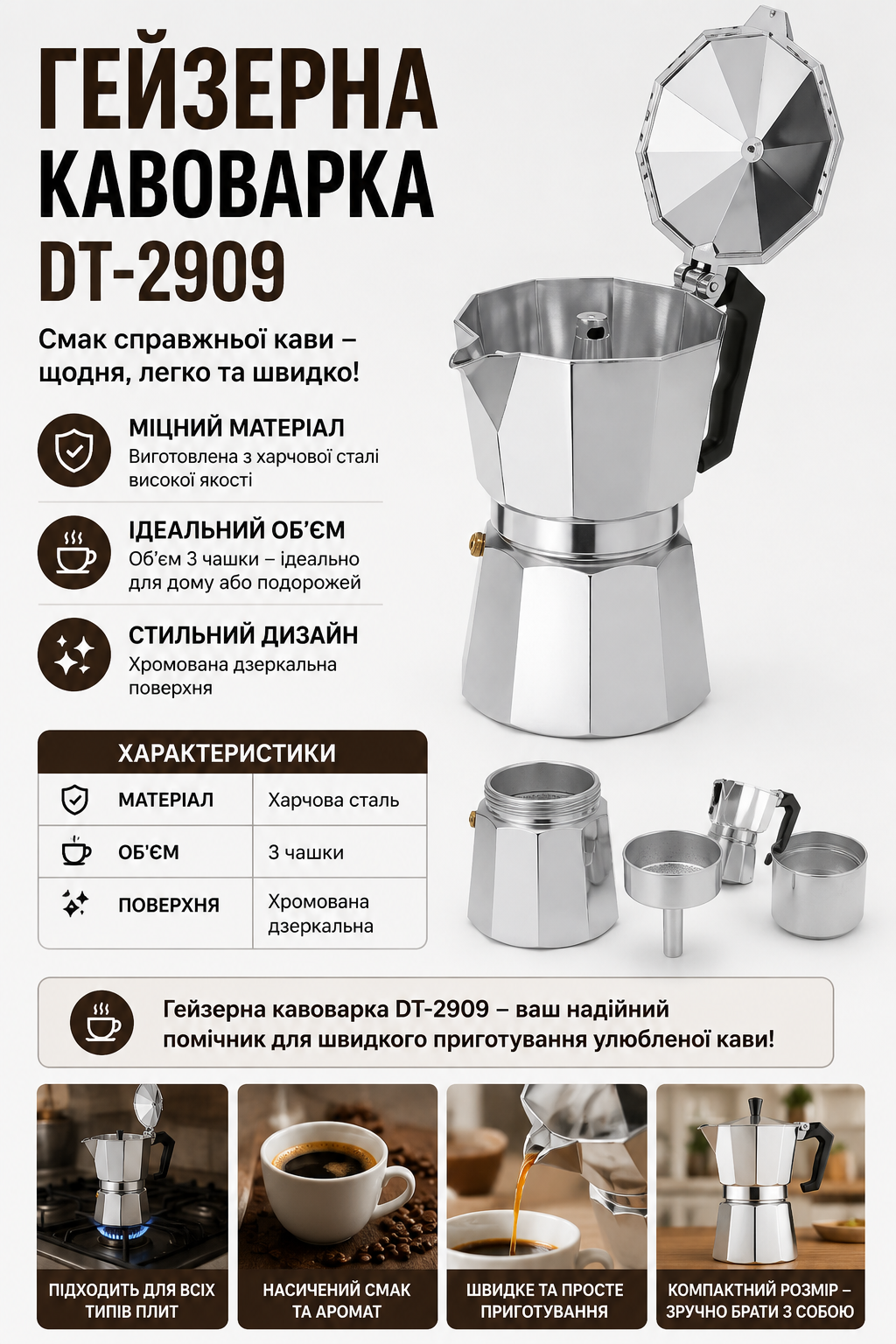 Гейзерна кавоварка DT-2909 купити Україна
