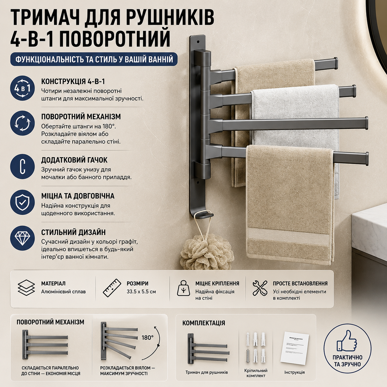 Поворотний тримач для рушників купити Україна