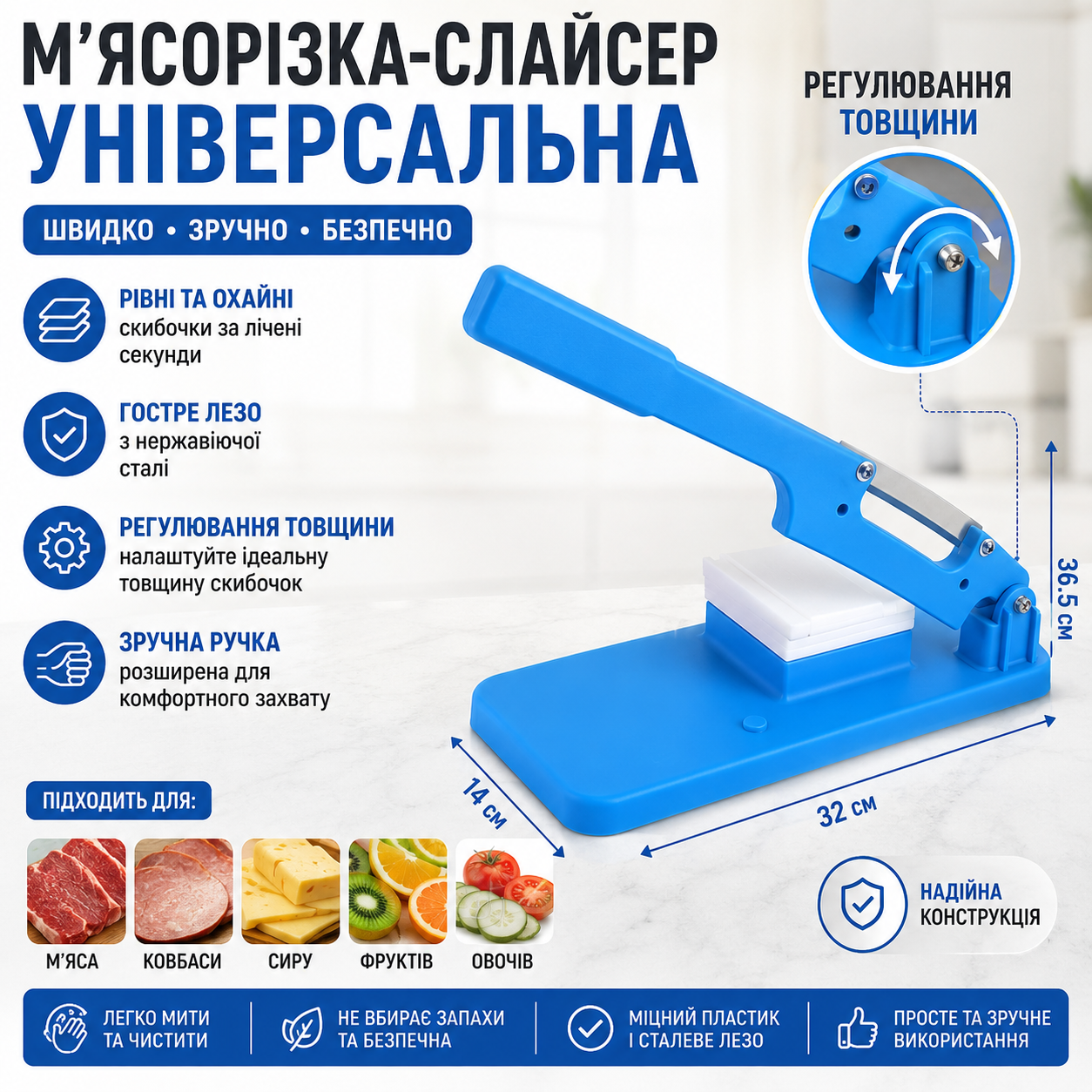 Багатофункціональний ручний слайсер для нарізання м'яса, сиру, ковбаси, овочів і фруктів з регулюванням товщини