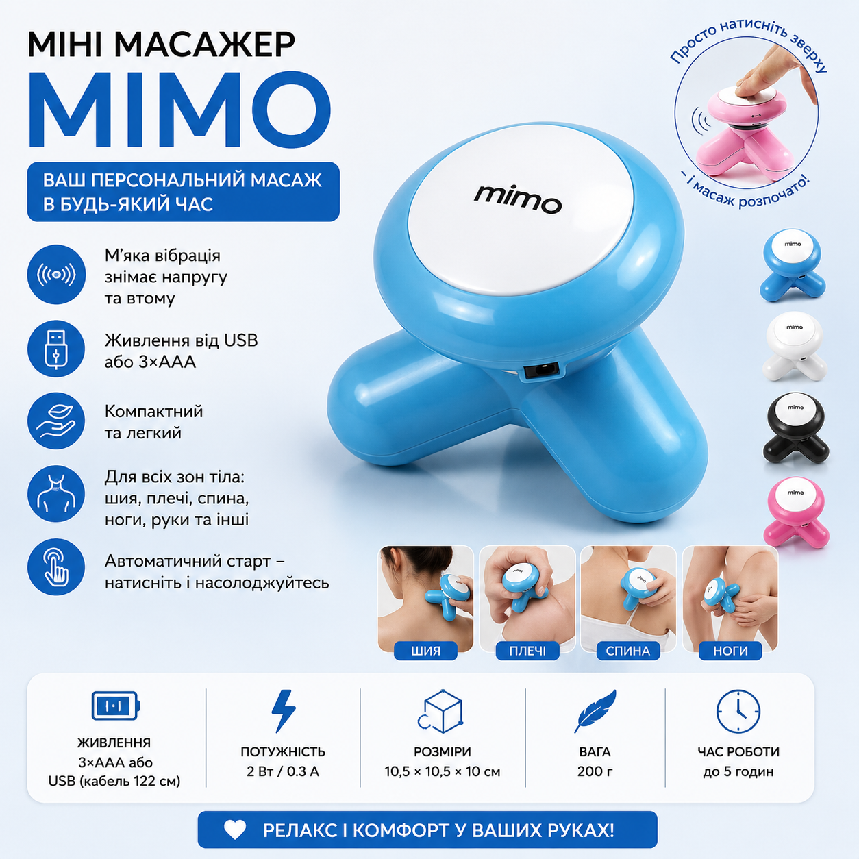 Мини массажер MIMO вибрационный для шеи, спины, плеч, рук и ног с питанием от USB и батареек