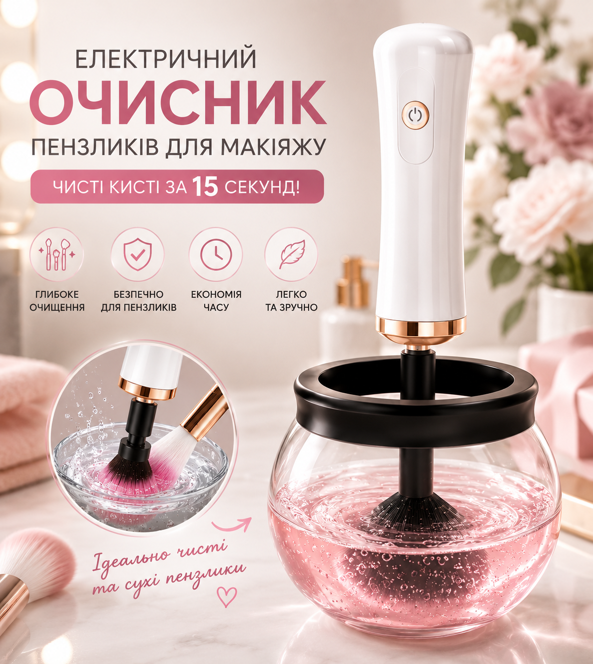 Електричний очищувач та сушарка пензликів для макіяжу