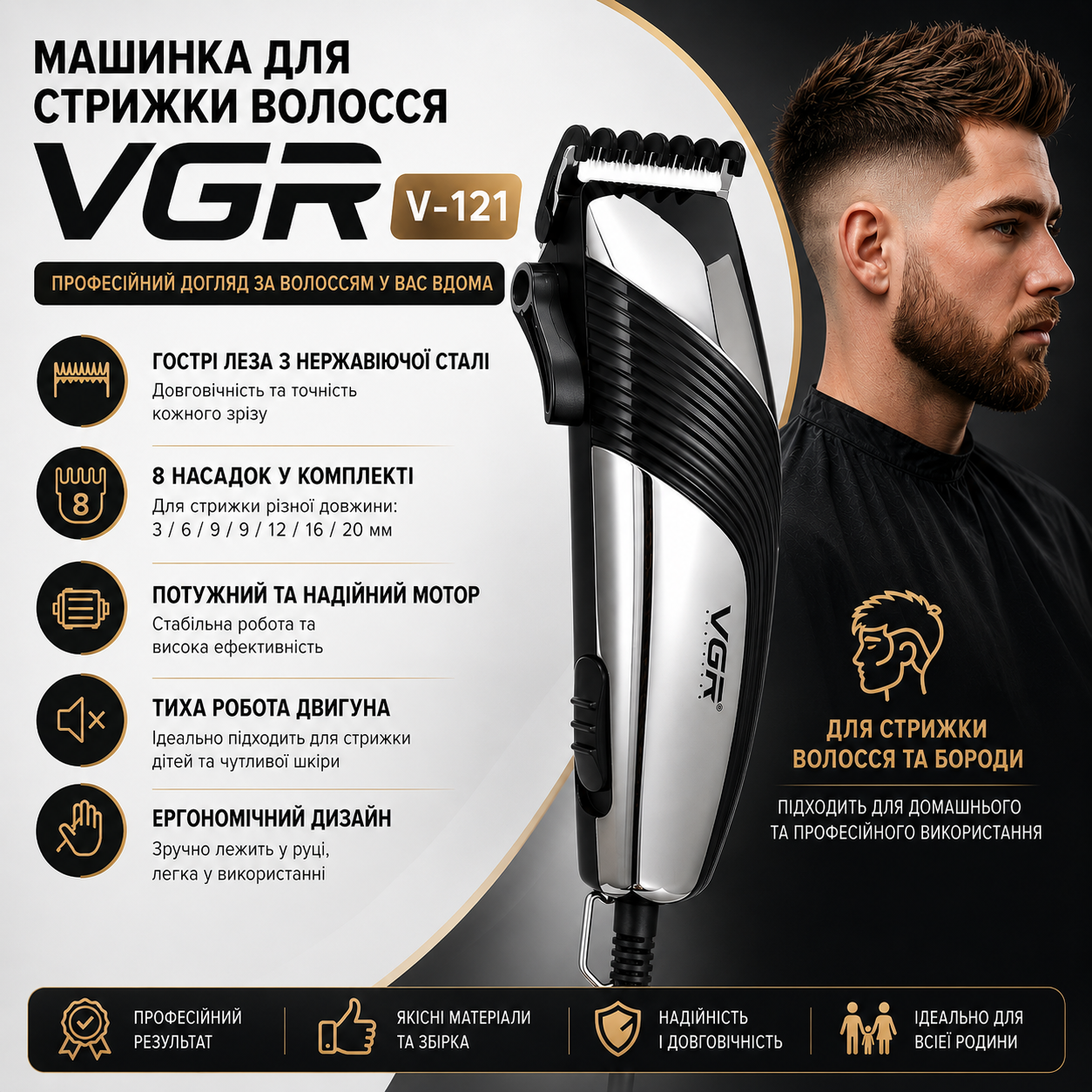 Машинка для стрижки VGR V-121 с 8 насадками и лезвиями из нержавеющей стали