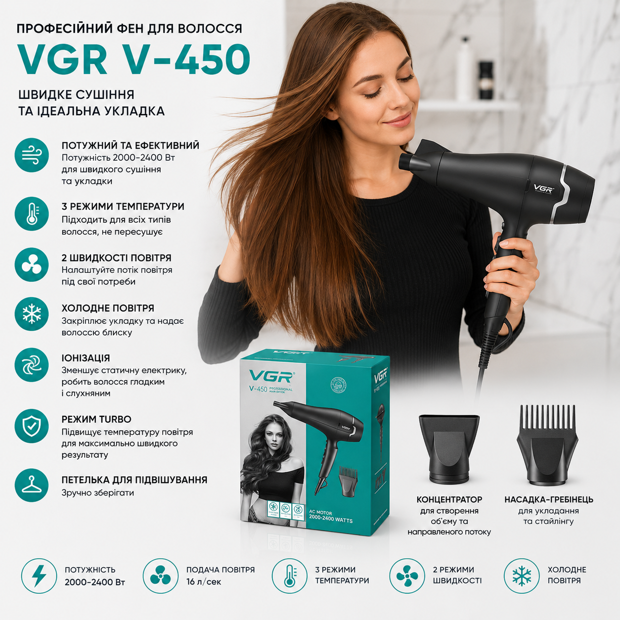 Профессиональный фен VGR V-450 2400 Вт с ионизацией, концентратором и насадкой-расческой