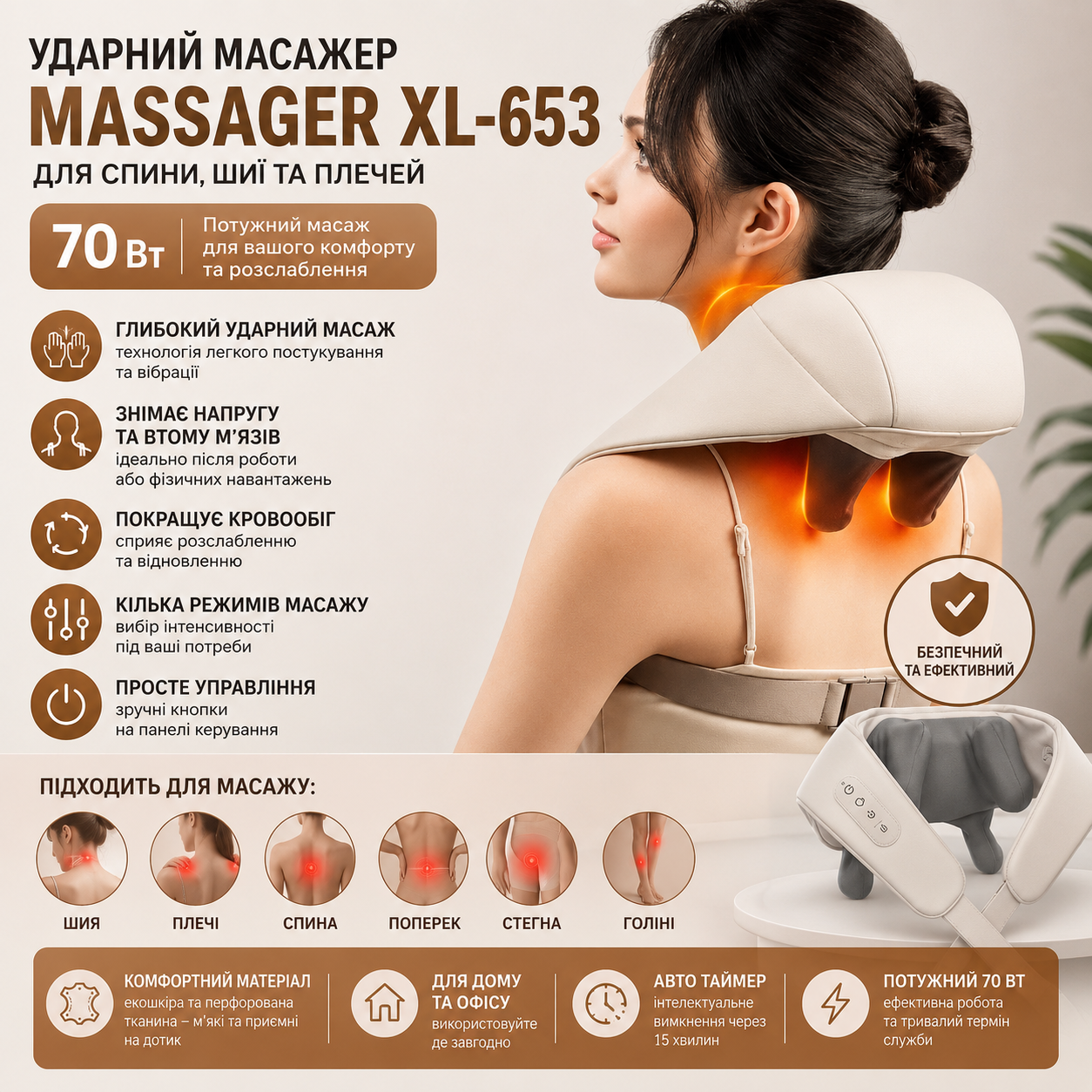 Ударний вібраційний масажер MASSAGER XL-653 для спини, шиї та плечей потужністю 70 Вт