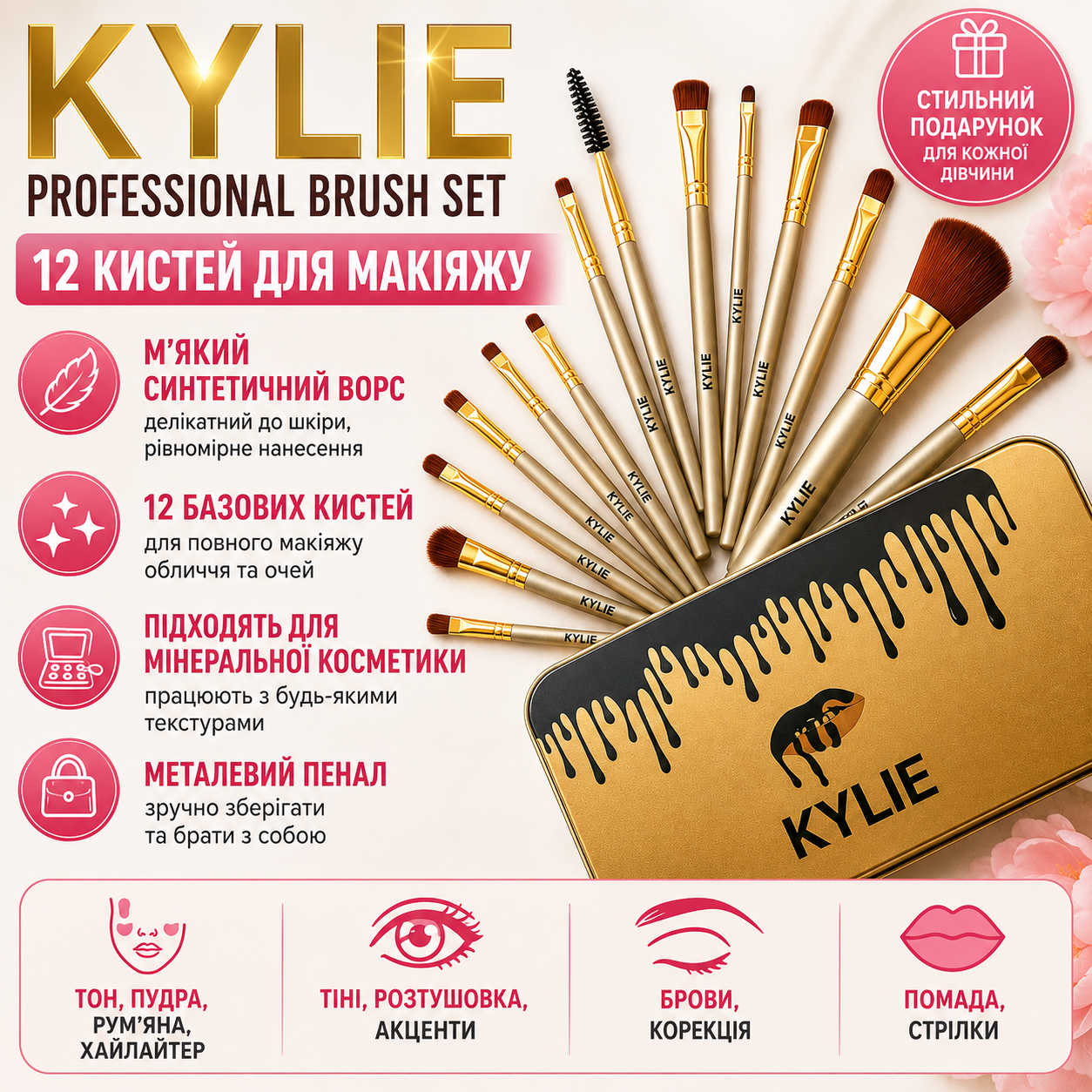 Профессиональный набор больших кистей для макияжа Kylie Professional Brush Set 12 в 1 в металлическом футляре