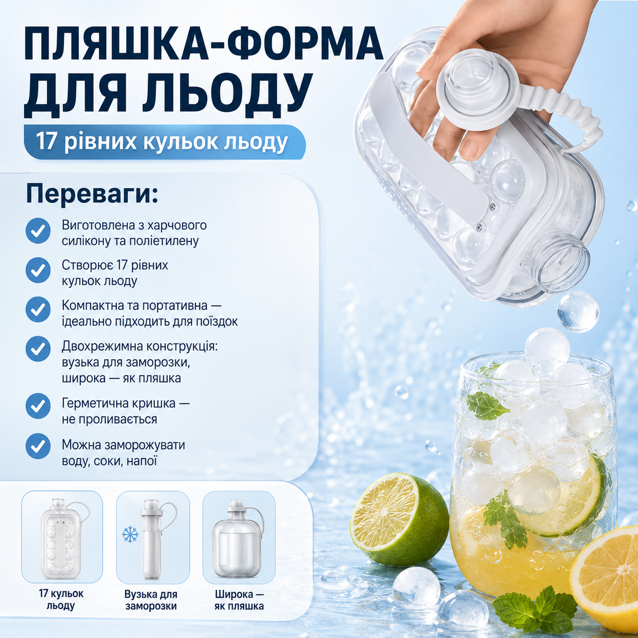 Силиконовая форма для льда Wanhengda на 17 шариков с герметичной крышкой в виде портативной бутылки