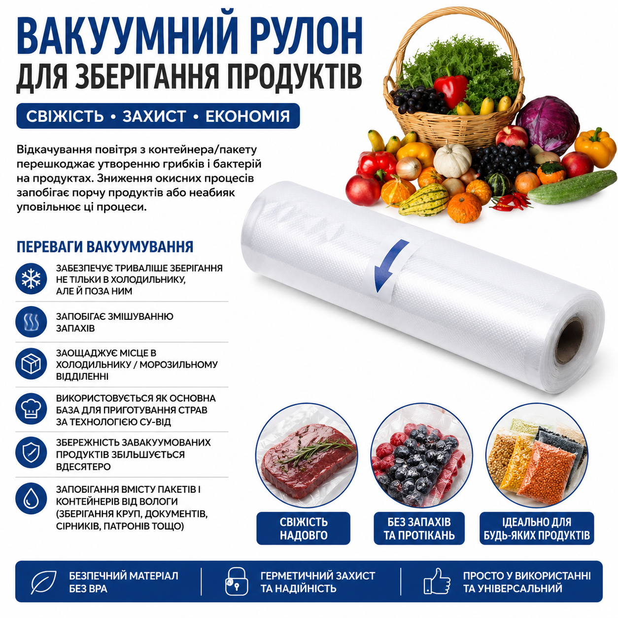 Вакуумні гофровані пакети в рулоні 15×500 см для вакуумного пакувальника