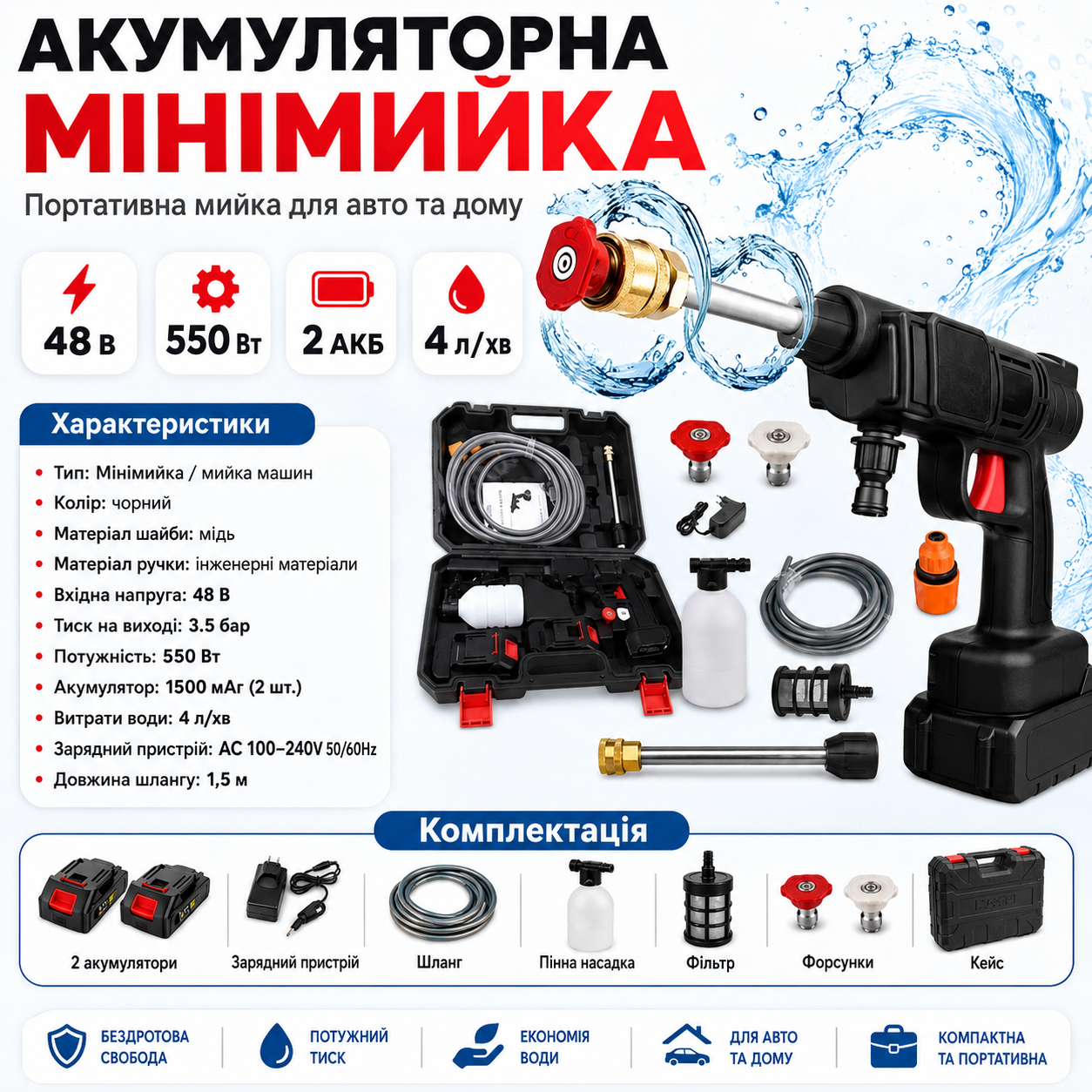 Аккумуляторная автомойка высокого давления 48V мощностью 550 Вт с двумя аккумуляторами, пенообразователем, шлангом и кейсом