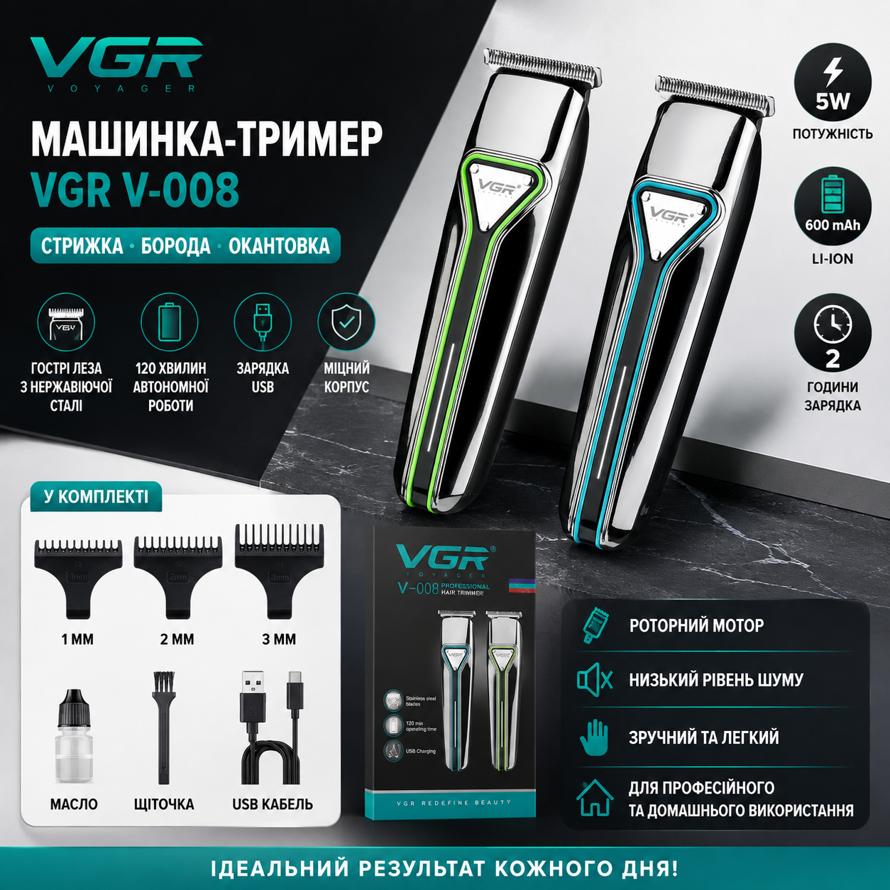 Аккумуляторная машинка для стрижки VGR V-008 триммер для волос бороды и усов с 3 насадками