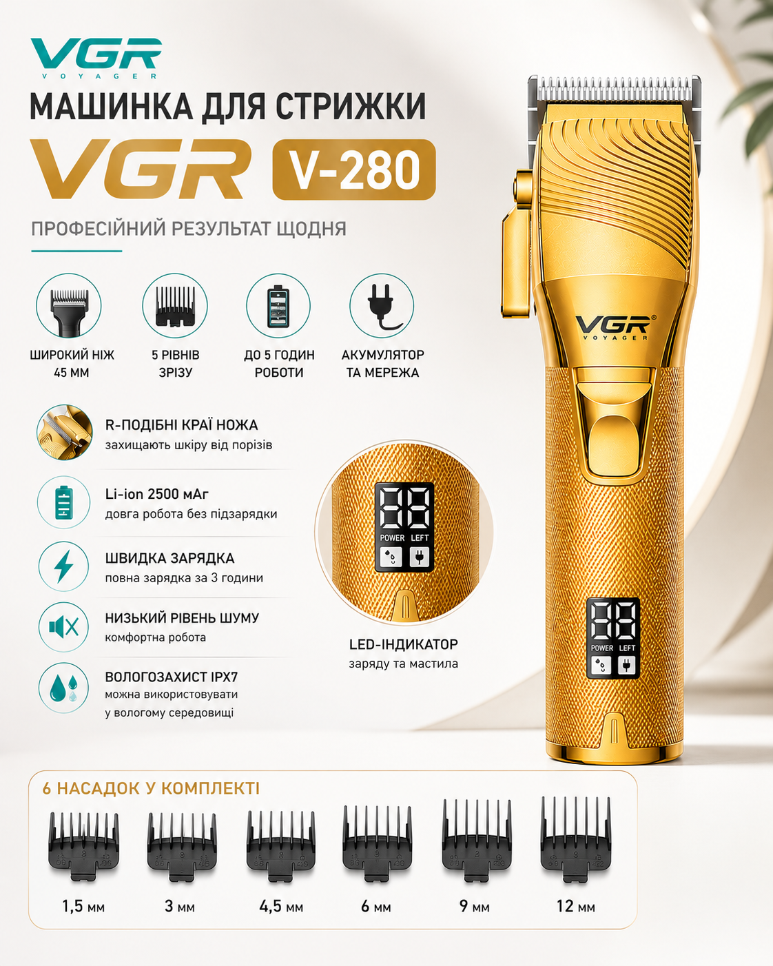 Профессиональная машинка для стрижки VGR V-280 Professional Gold с аккумулятором и дисплеем