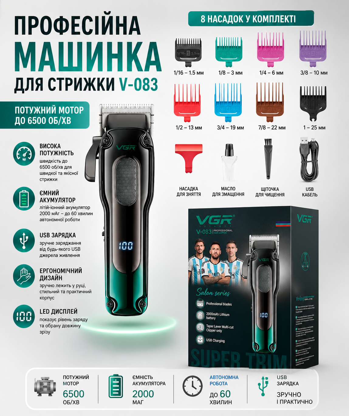 Аккумуляторная машинка для стрижки VGR V-013 Green 6500 об мин 2000 мАч с 8 насадками