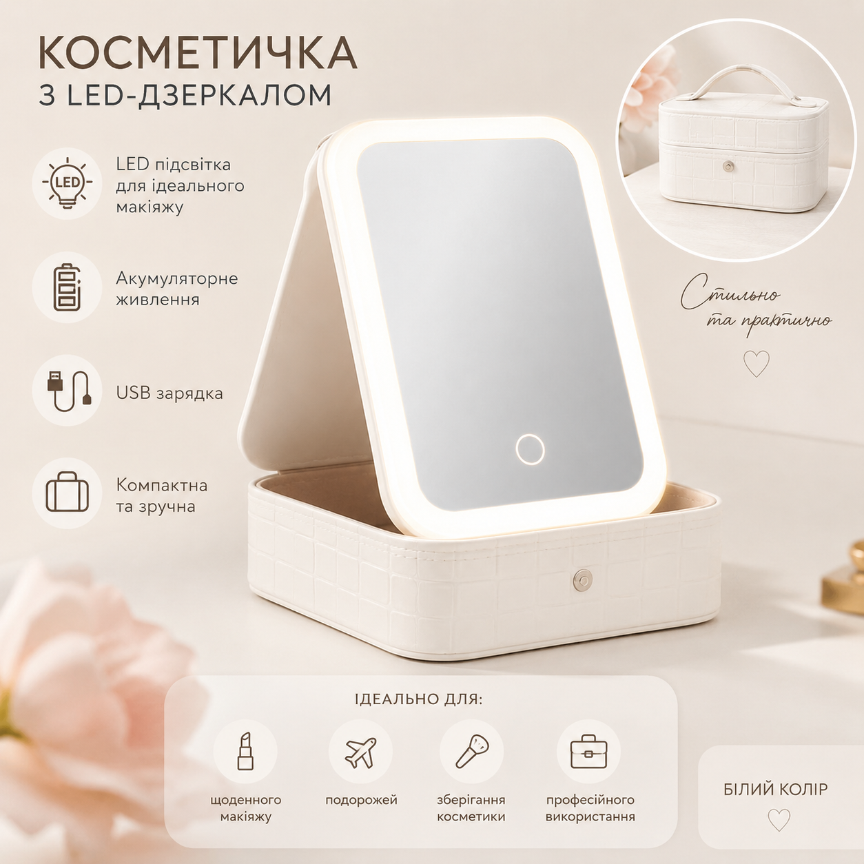 Косметичка з LED дзеркалом та підсвіткою акумуляторна біла для косметики і макіяжу
