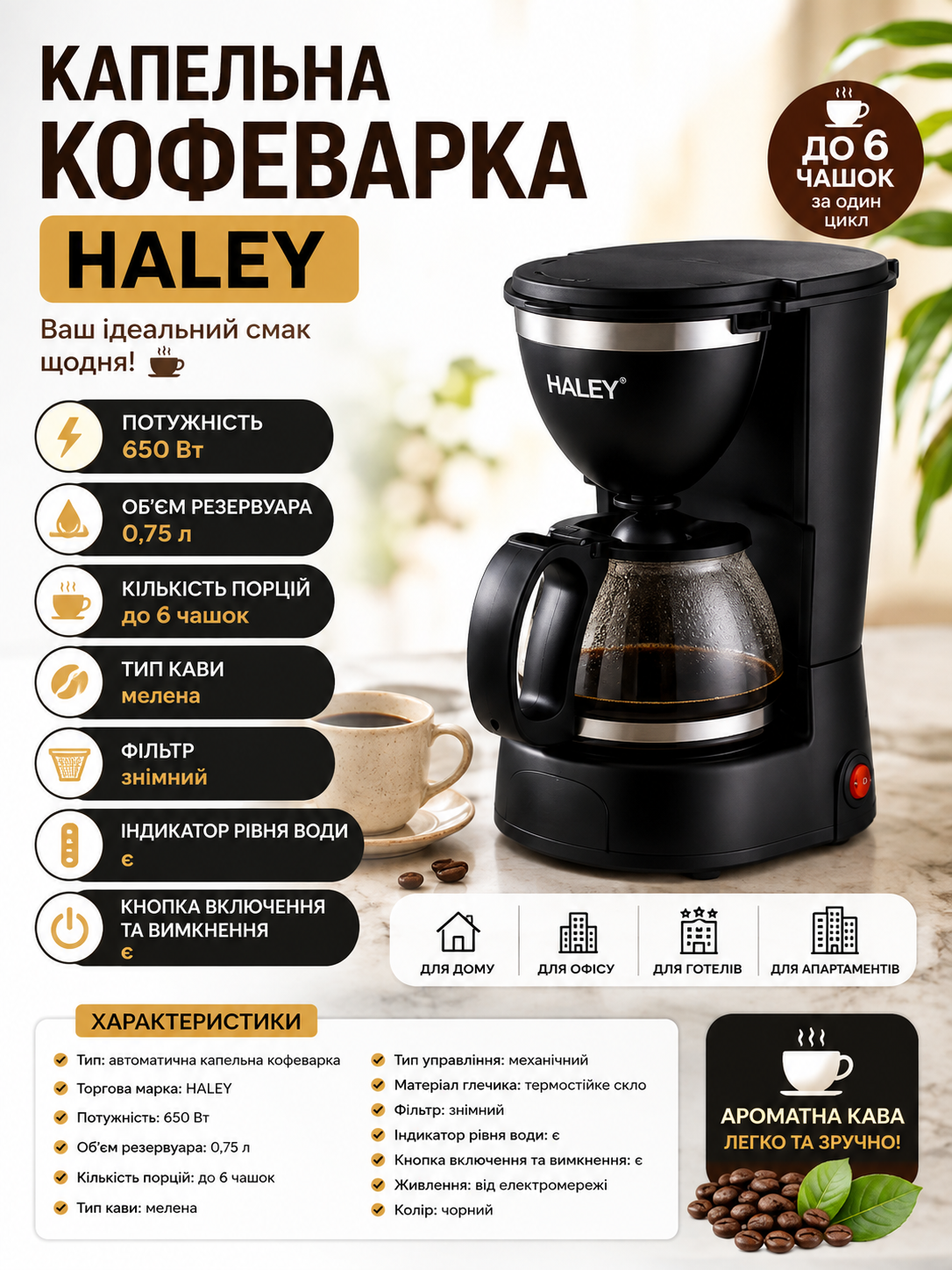 Автоматическая капельная кофеварка HALEY 0,75 л 650 Вт на 6 чашек со стеклянным кувшином и съёмным фильтром