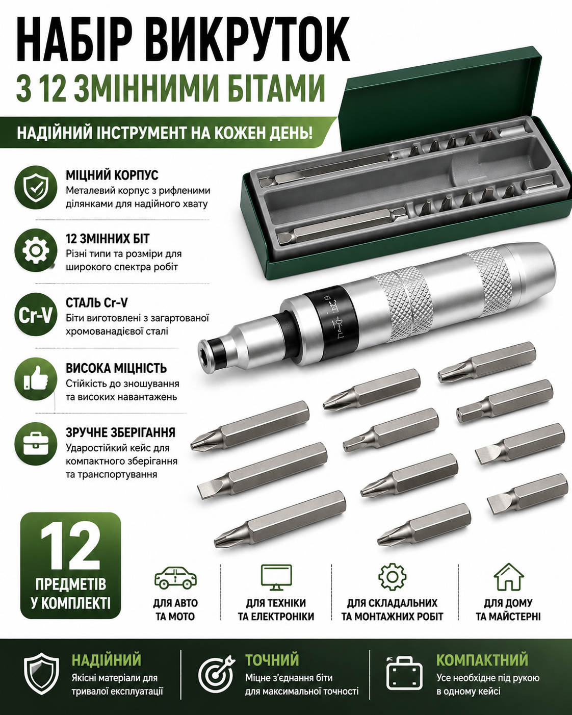 Ударно-поворотная отвертка Impact Screwdriver Set с 12 ударными битами Cr-V в кейсе