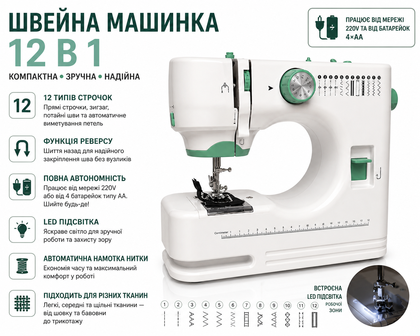 Портативная электрическая швейная машинка FHSM-520 с 12 видами строчек, педалью и LED-подсветкой