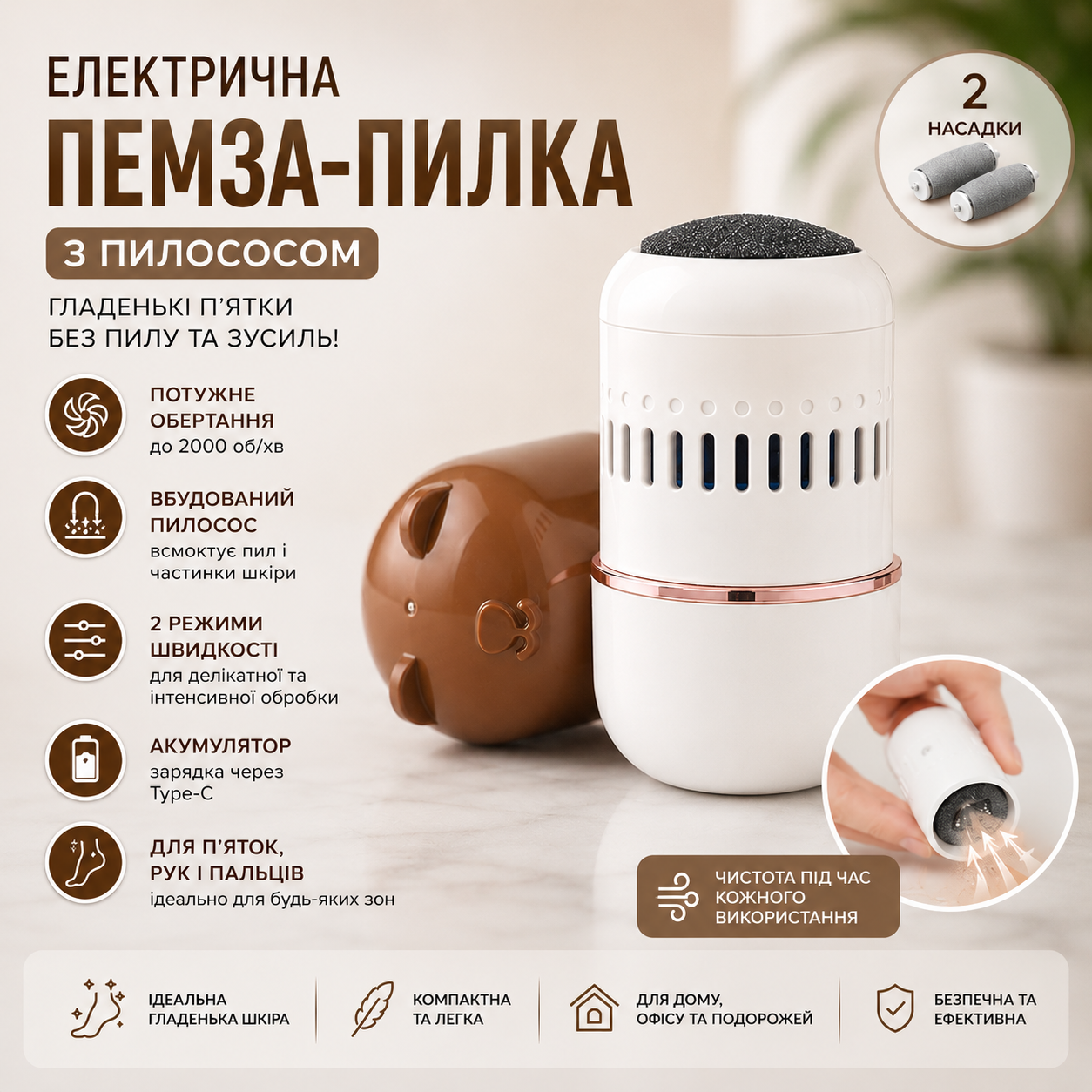 Электрическая роликовая пилка-пемза для пяток с пылесосом и Type-C зарядкой