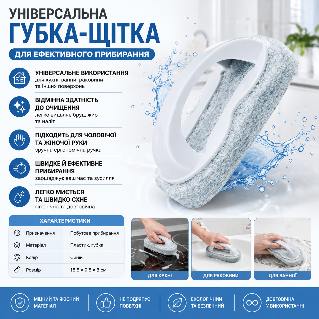Универсальная синяя щетка для бытовой уборки кухни, ванной, раковины и пола с пластиковой ручкой и губкой