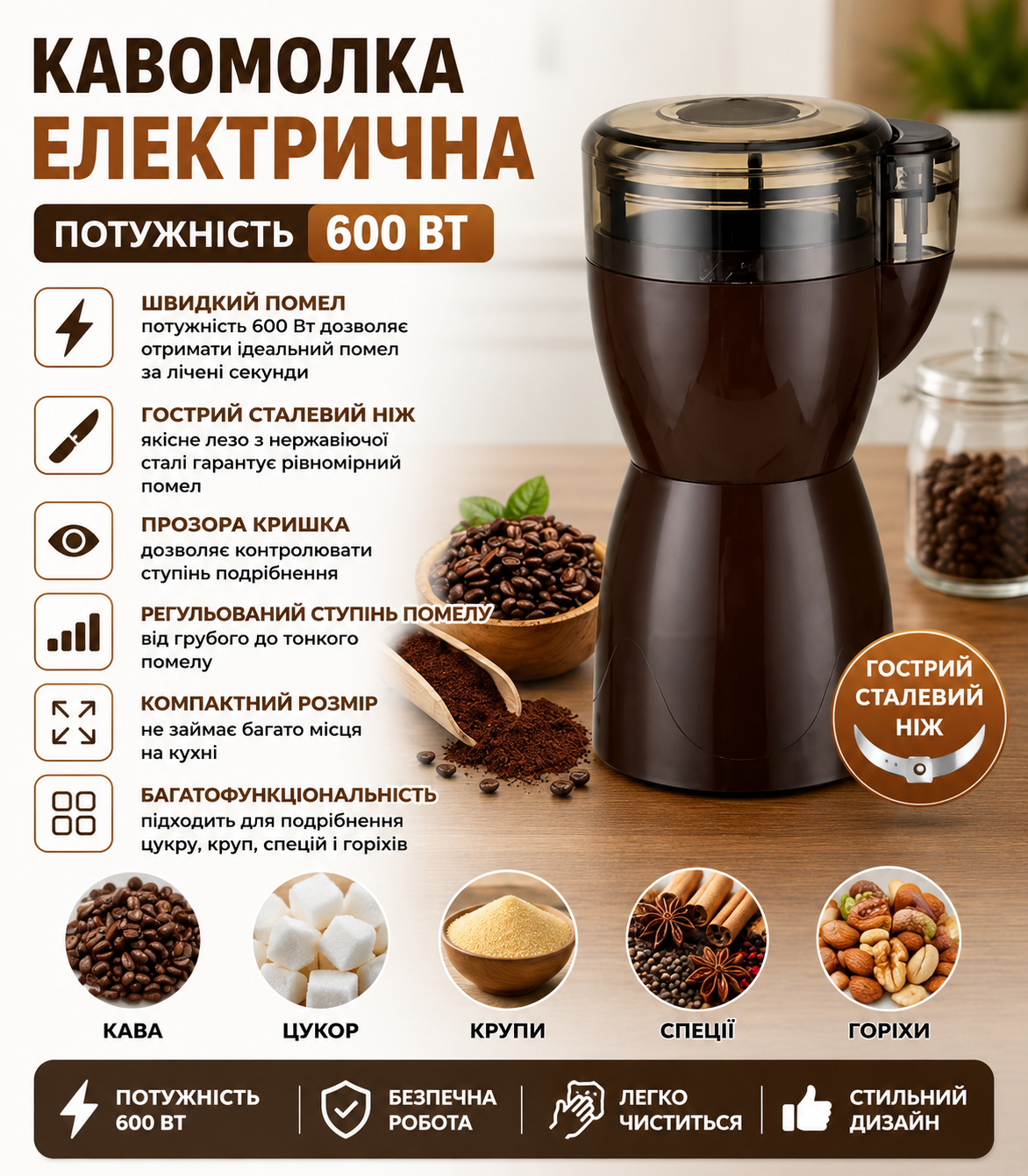 Електрична кавомолка Rainberg RB-2206 600 Вт
