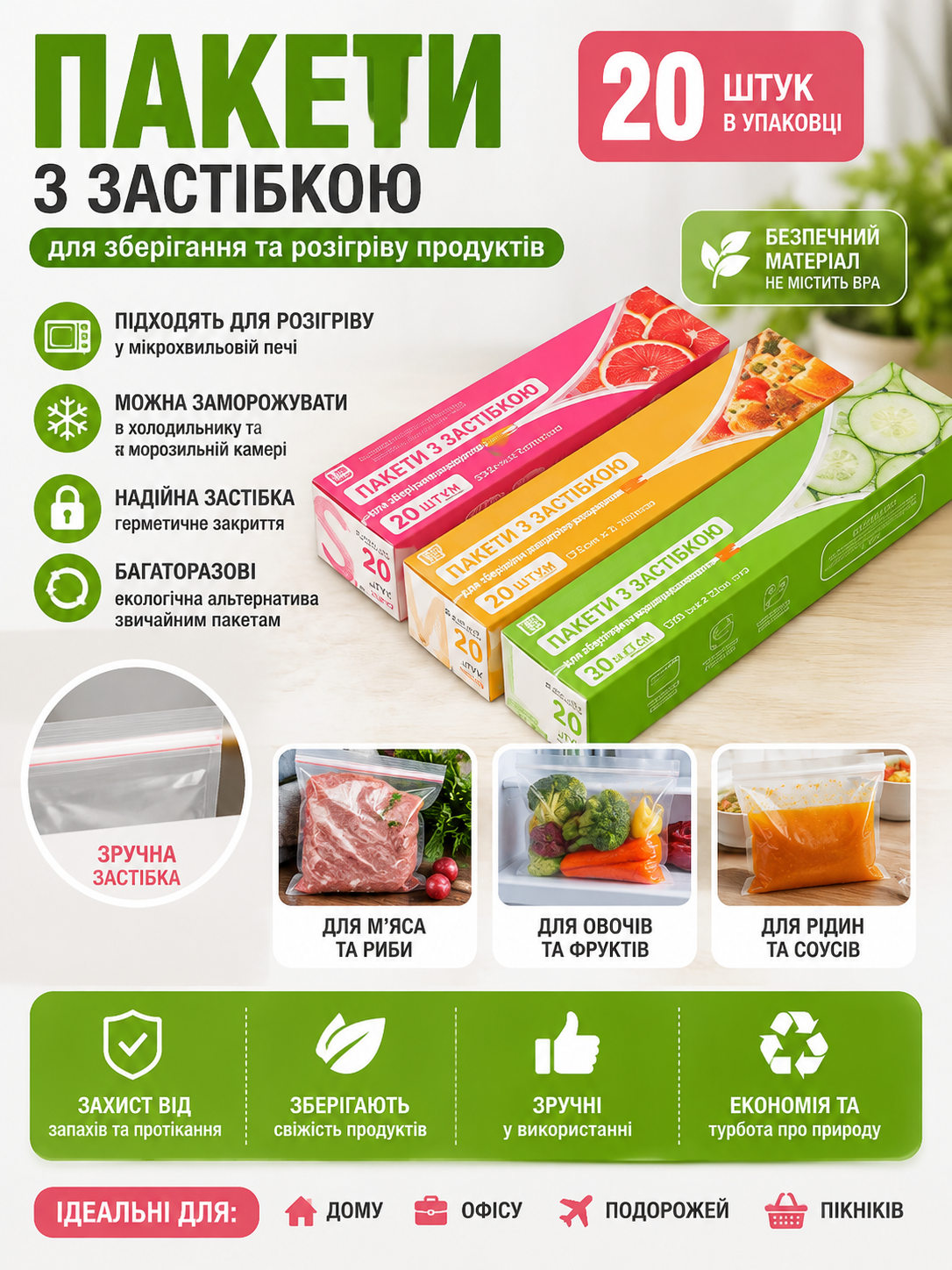 Многоразовые вакуумные пакеты с застежкой 20 штук для хранения продуктов в холодильнике и морозильной камере