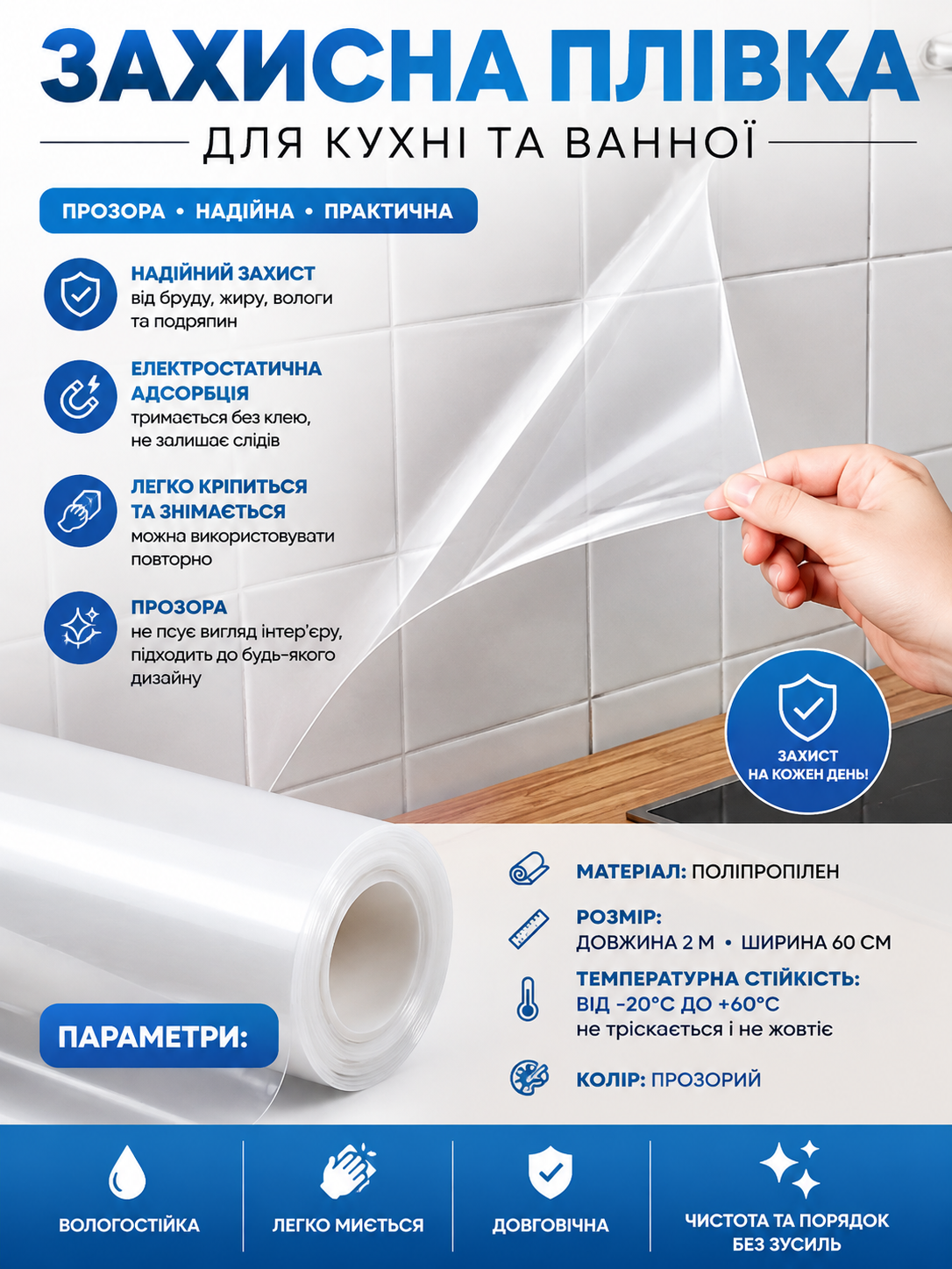 Прозора електростатична захисна плівка ProtectiveFilm 2 м на 60 см без клею для меблів стін вікон скла дзеркал та кухні