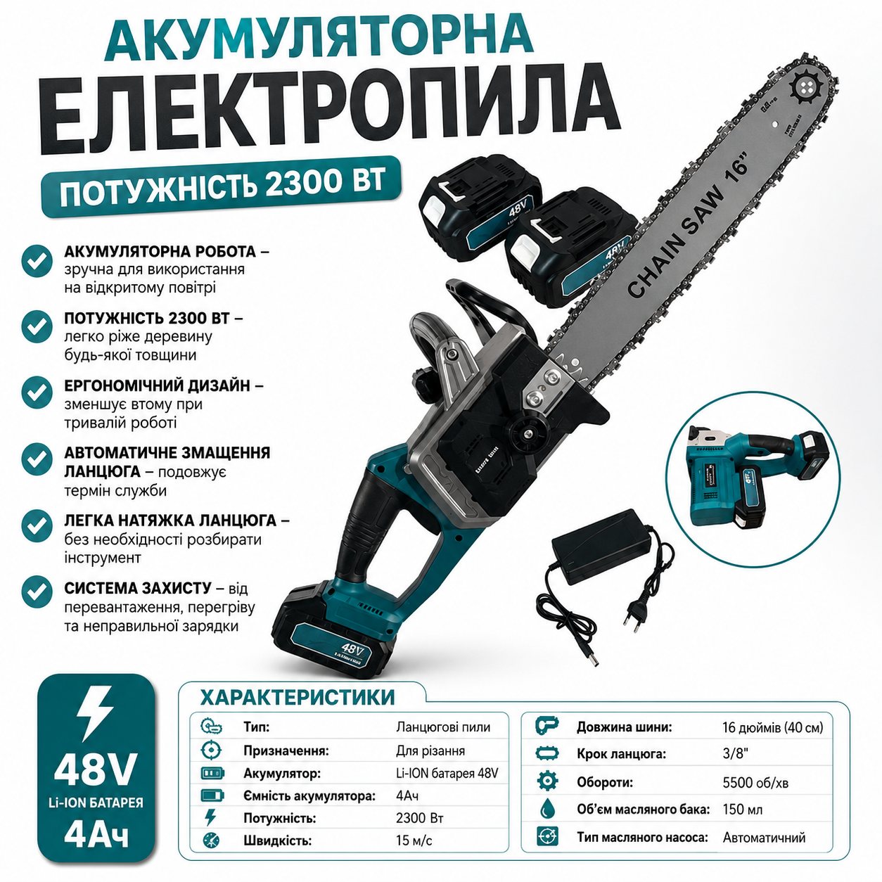 Акумуляторна ланцюгова електропила 16 дюймів 2300 Вт з двома акумуляторами