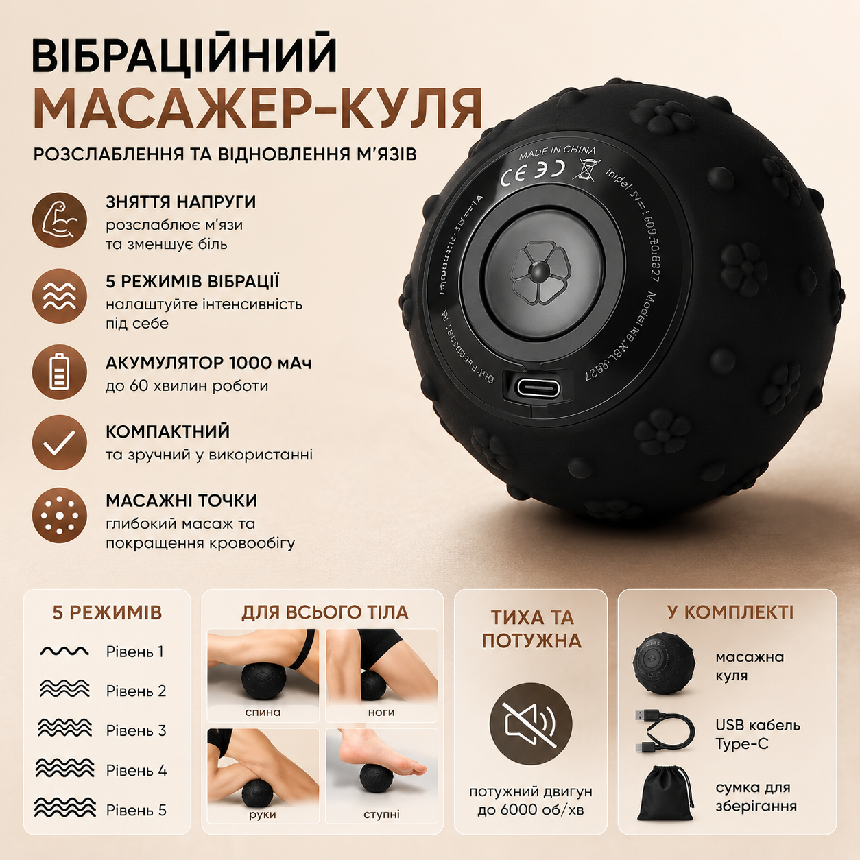 Вібраційна масажна кулька для тіла 9 см акумуляторний масажер для м’язів з 5 режимами