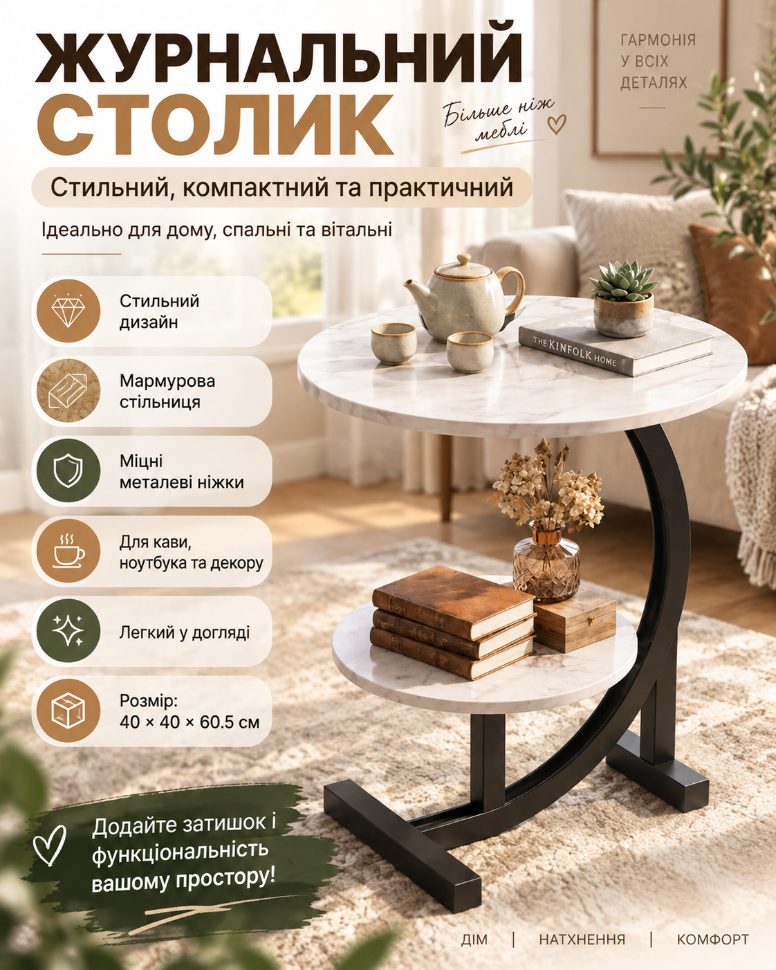 Двоярусний кавовий журнальний столик DASH-64229 40x40x60,5 см мармуровий дизайн чорний металевий каркас
