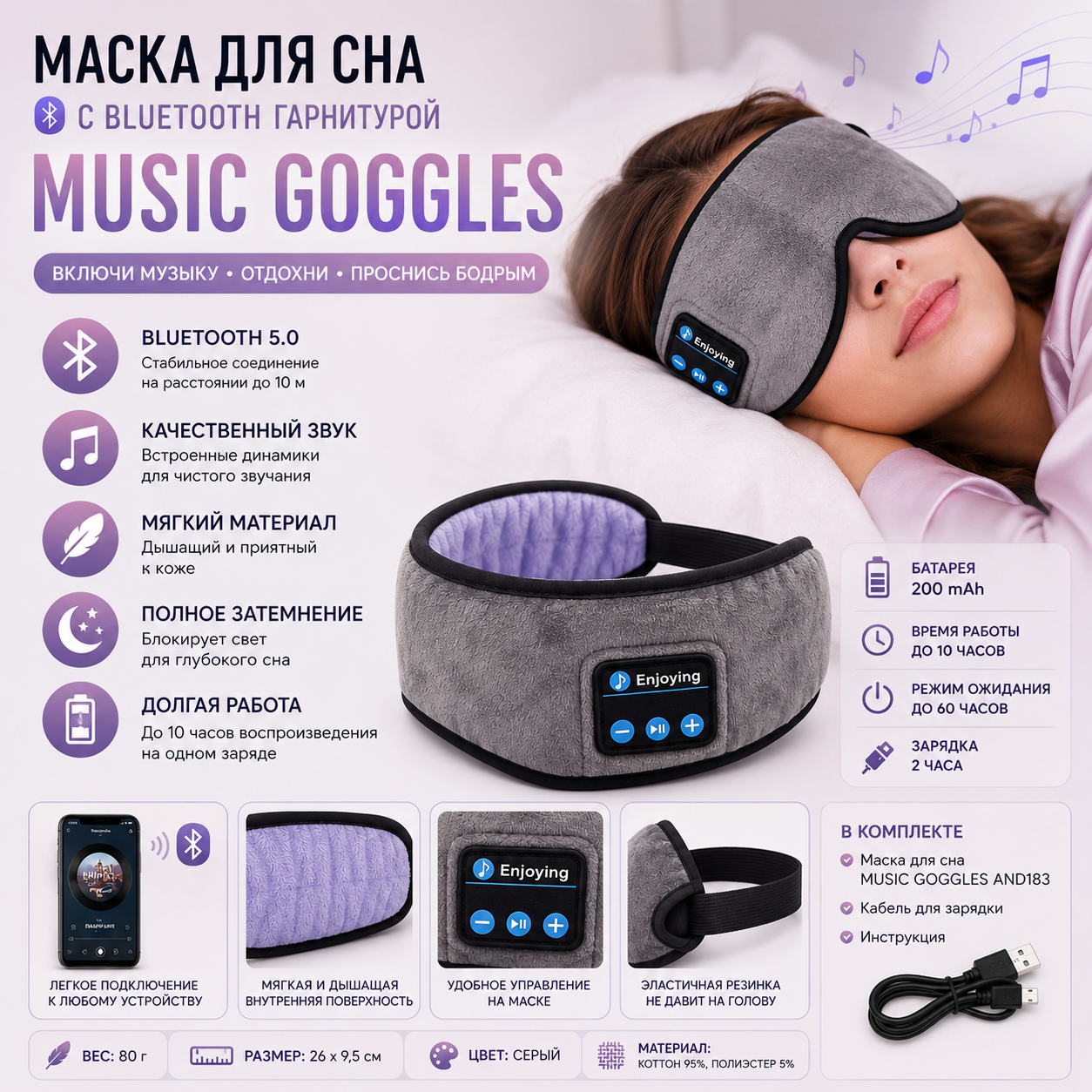 Маска для сну MUSIC GOGGLES AND183 з Bluetooth навушниками