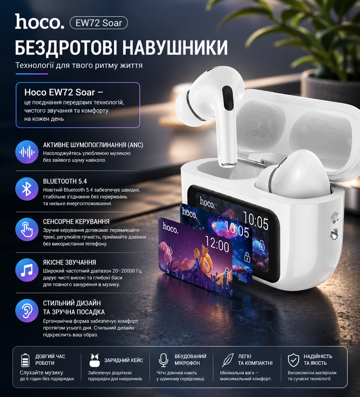Беспроводные наушники Hoco EW72 Soar TWS с ANC Bluetooth 5.4 и зарядным кейсом
