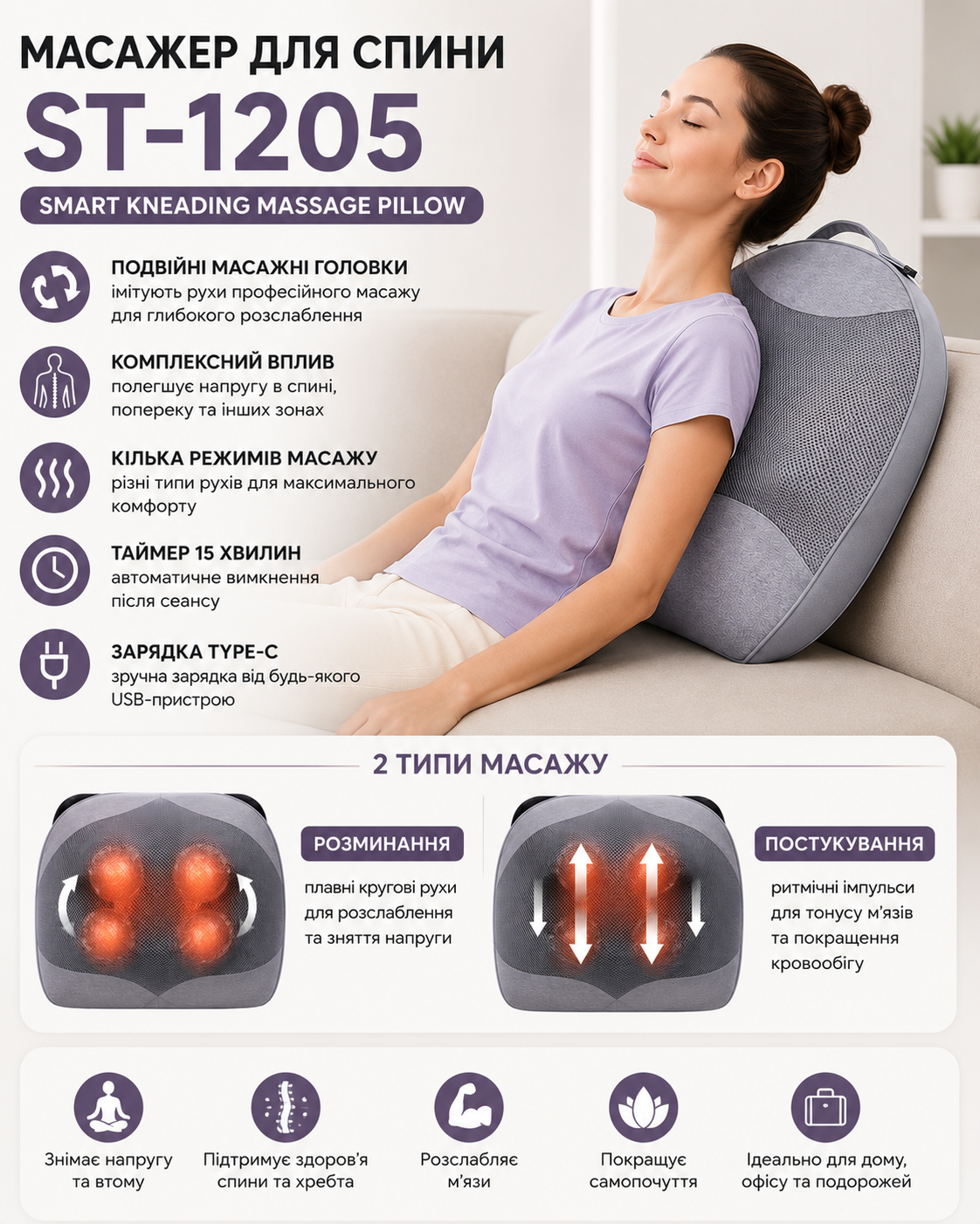 Масажер для спини ST-1205 Smart Kneading Massage Pillow з подвійними масажними головками та зарядкою Type-C