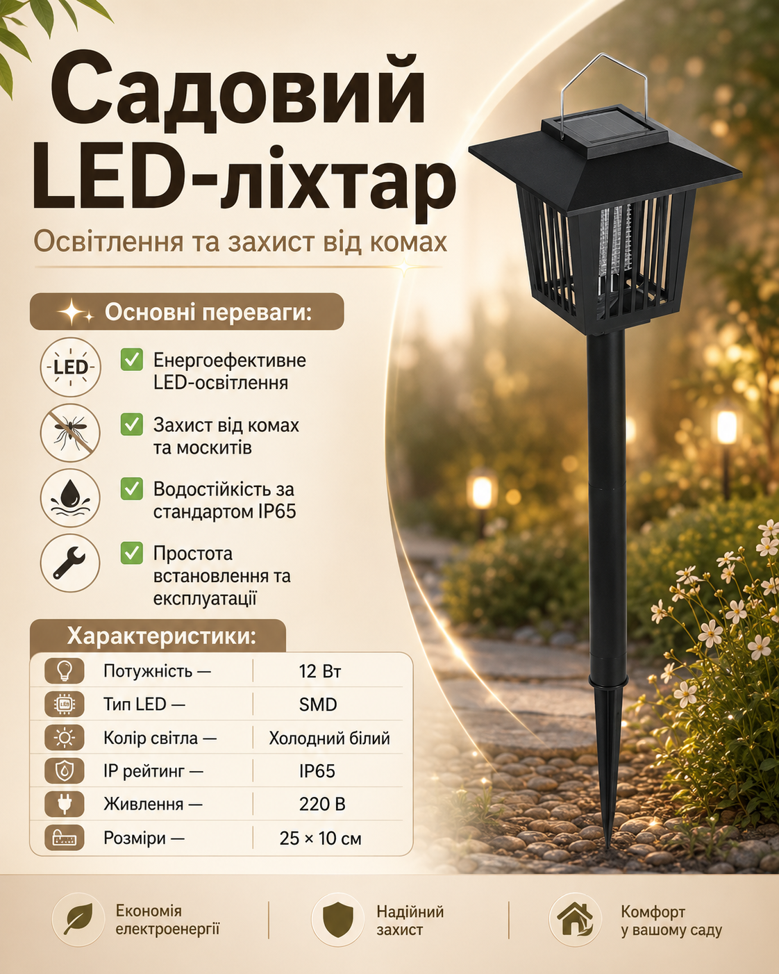 Садовий антимоскітний LED-світильник 12 Вт IP65 з холодним білим світлом для захисту від комарів і освітлення двору