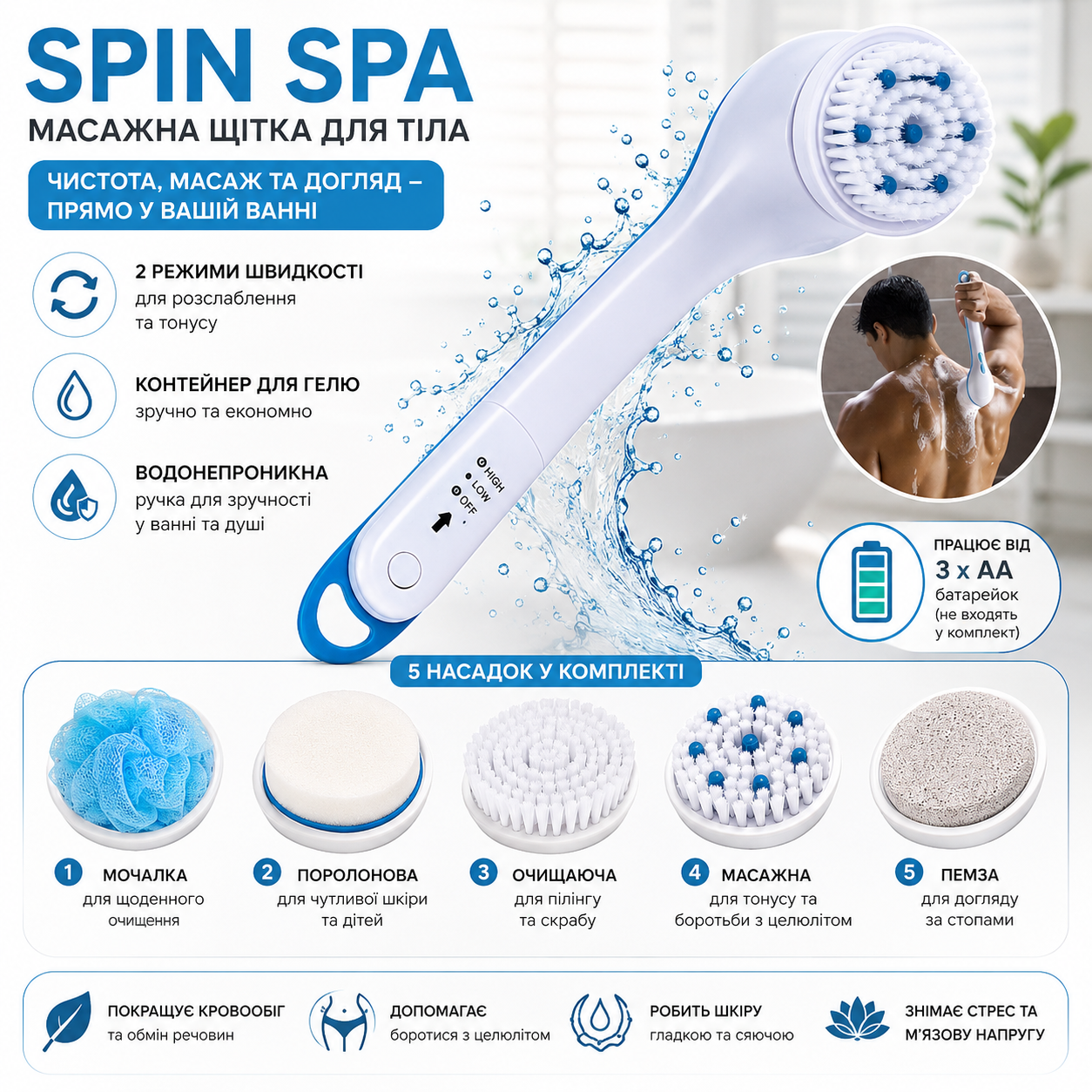 Электрическая массажная щетка для тела Spin Spa для ванны и душа