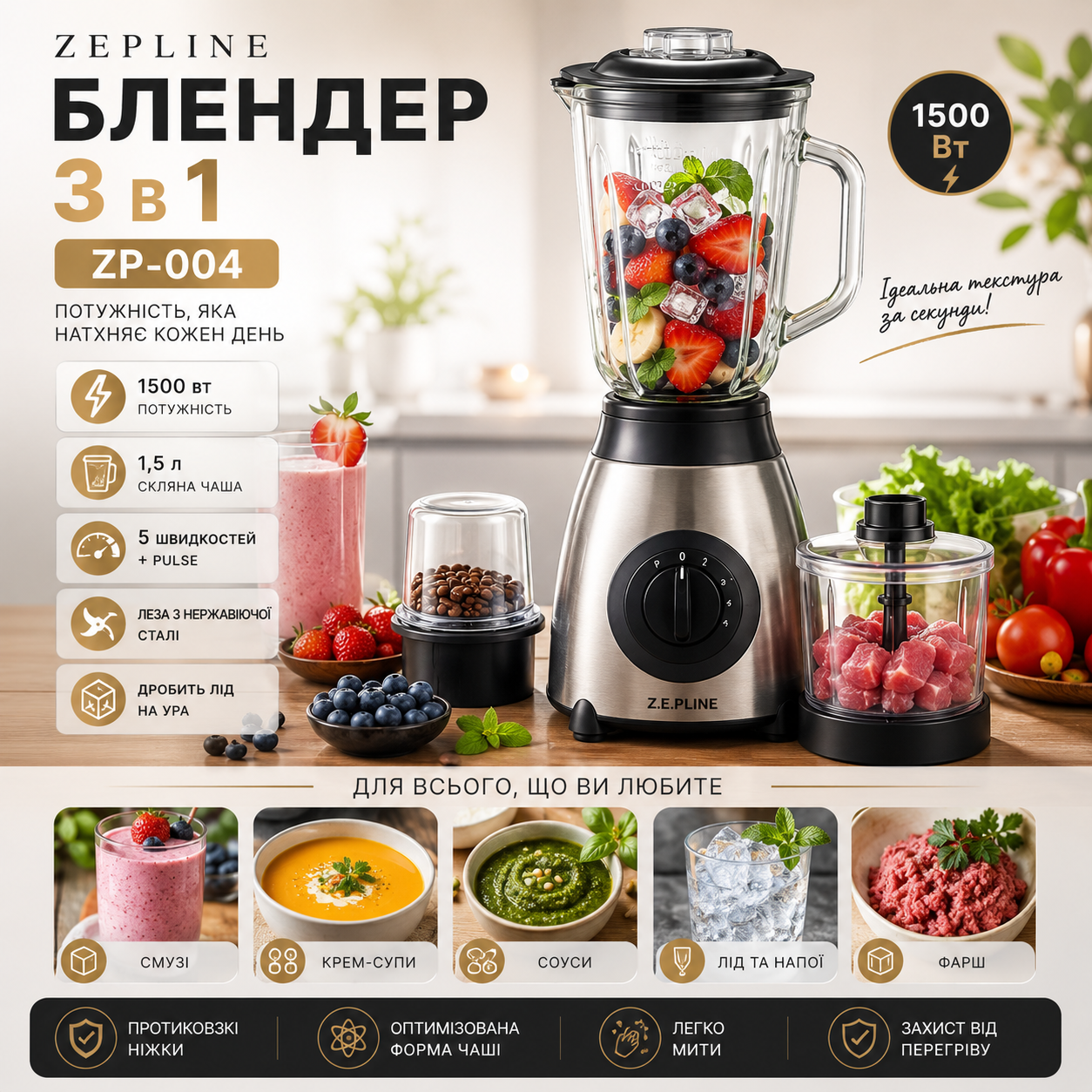 Блендер Zepline ZP-004 3в1 зі скляною чашею, кавомолкою та подрібнювачем