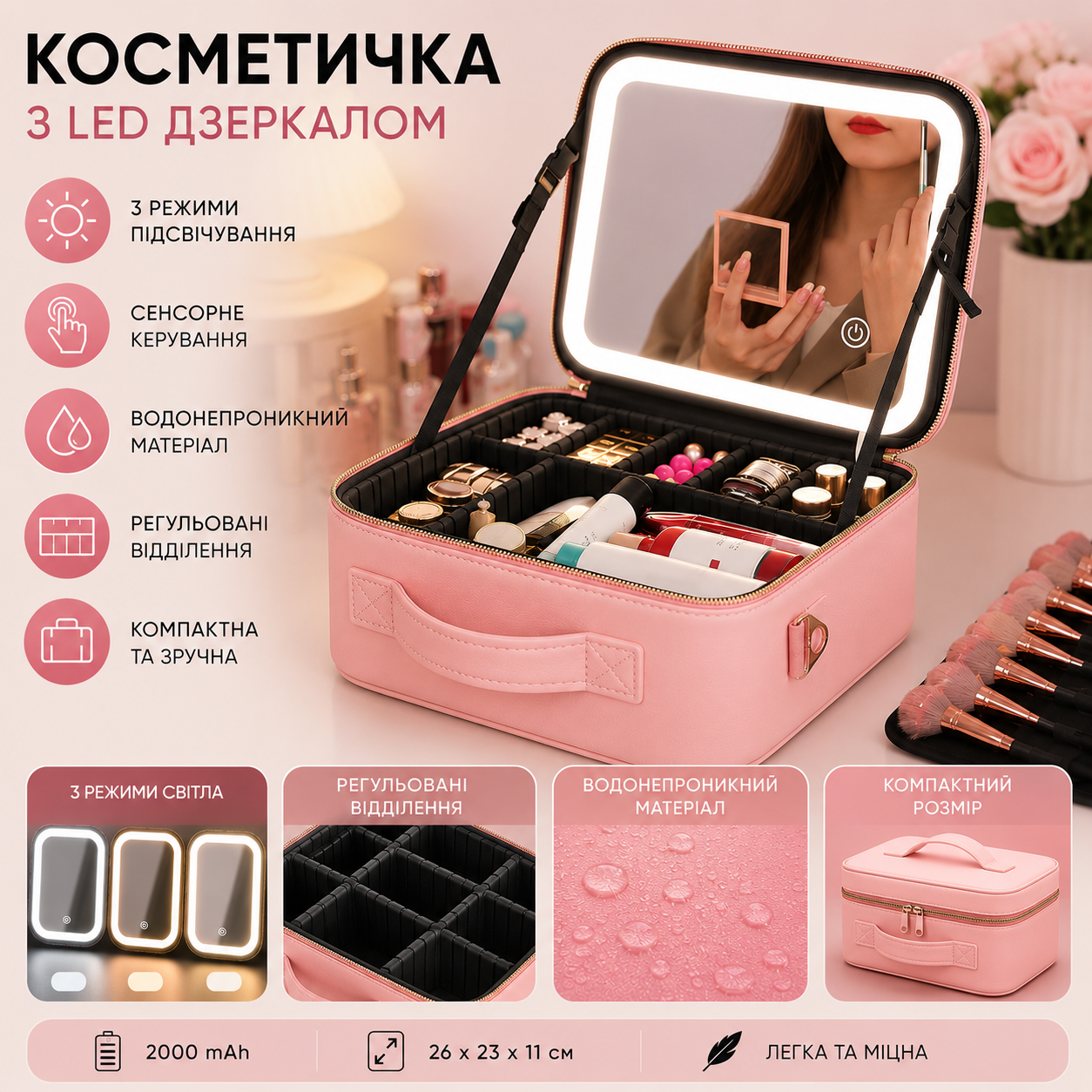 Дорожная косметичка органайзер розовая с LED зеркалом и подсветкой