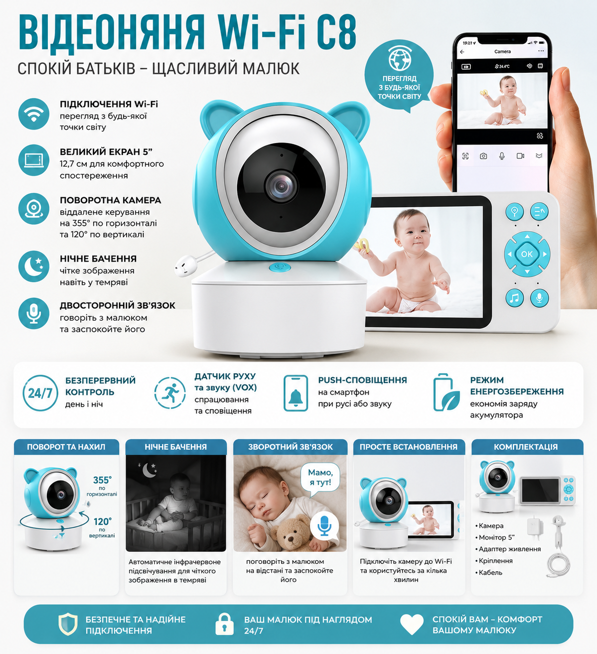Видеоняня Wi-Fi C8 с цветным экраном 5 дюймов, поворотной камерой 2K, ночным видением, VOX, датчиком движения и приложением Tuya
