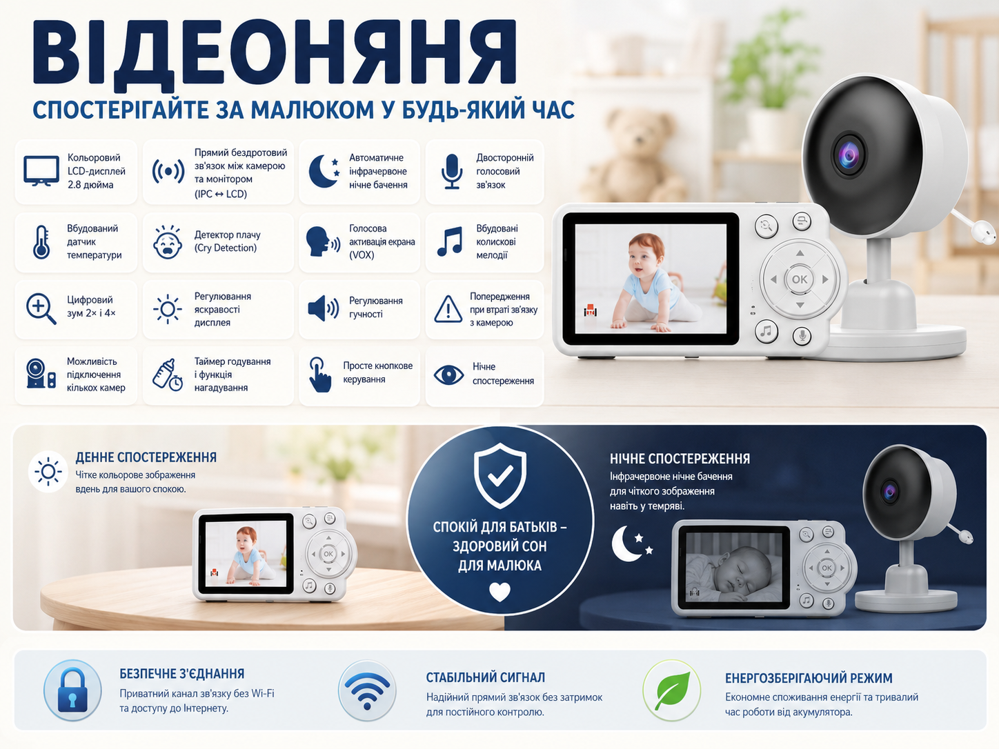 Видеоняня C3 с цветным LCD-дисплеем 2,8 дюйма, инфракрасным ночным видением, VOX, датчиком температуры и двусторонней связью