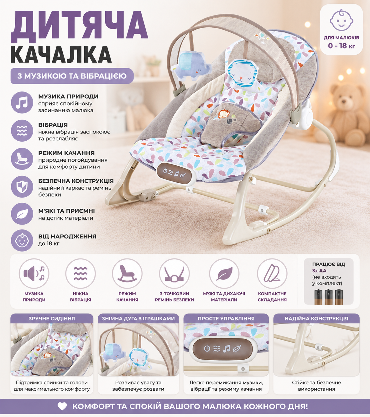 Детский шезлонг-качалка 29287 до 9 кг с музыкальной шкатулкой, 10 мелодиями, звуками природы, вибрацией и подвесными игрушками