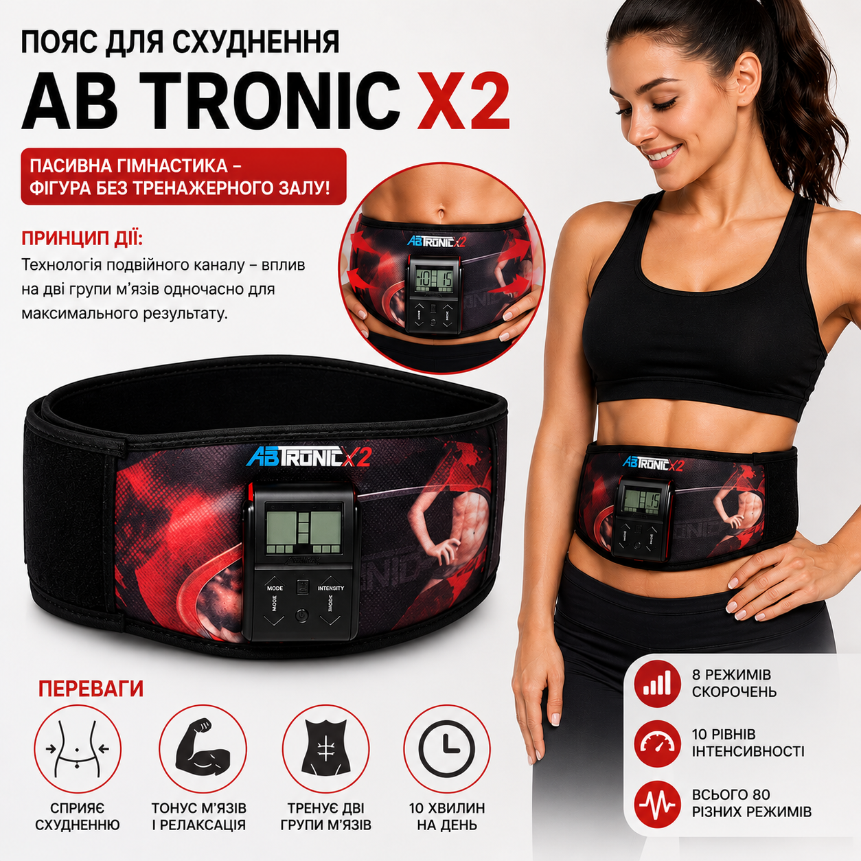 Пояс-миостимулятор Ab Tronic X2 для пресса, живота и мышц с электростимуляцией